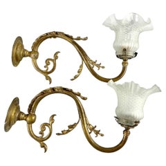 Baroque Style Antique Pair of Wall Sconces Ornate Brass and Glass Wall Sconces