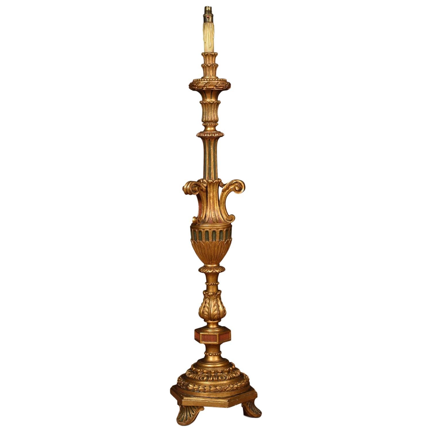 Baroque Style Baluster Shaped Italian Carved Giltwood Standard Lamp