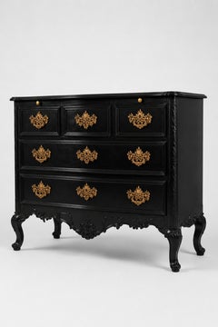 Comodino in stile barocco con finitura laccata nera e finiture dorate, XX secolo
