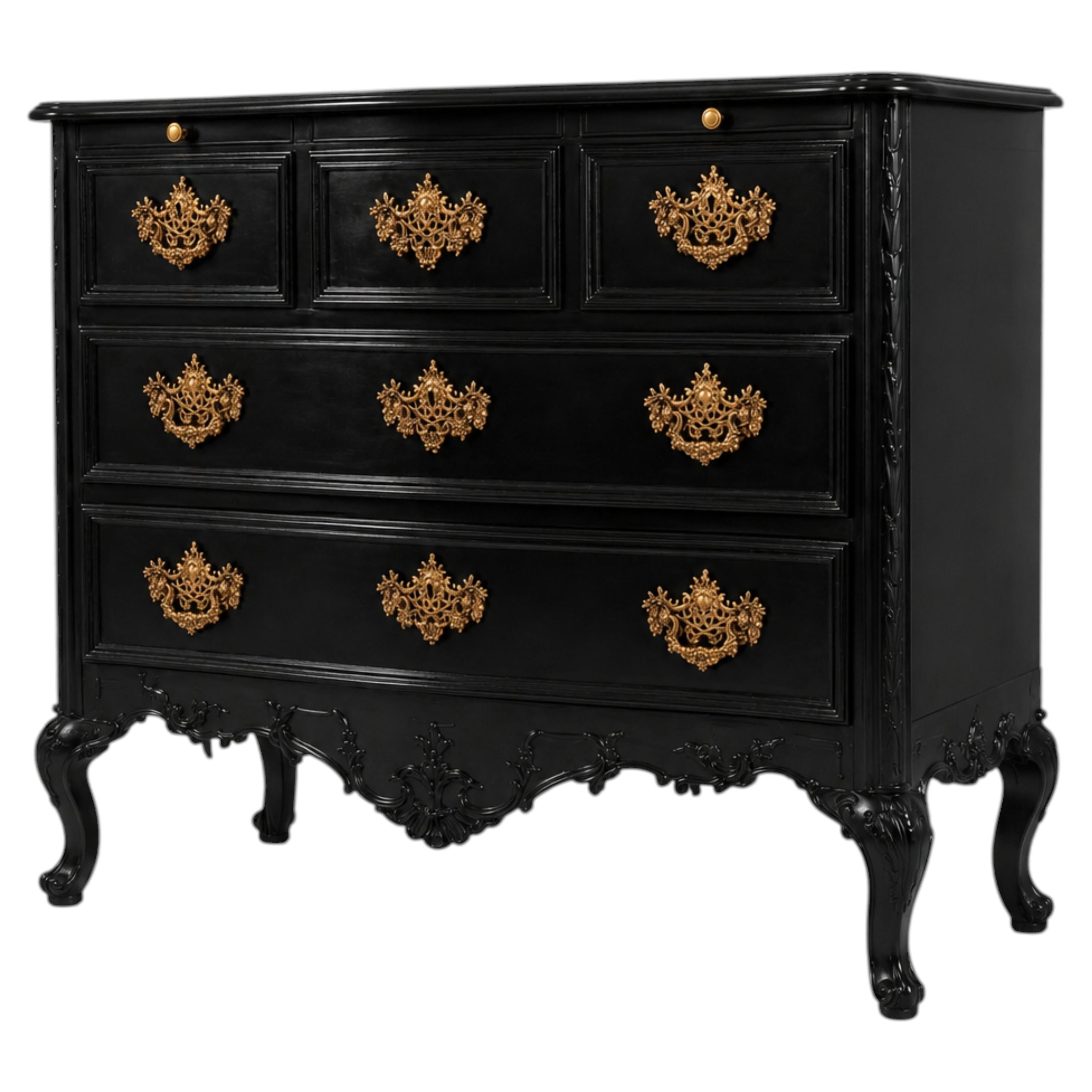 Baroque Style Black Lacquer Commode with Gilt Hardware, 20th Century