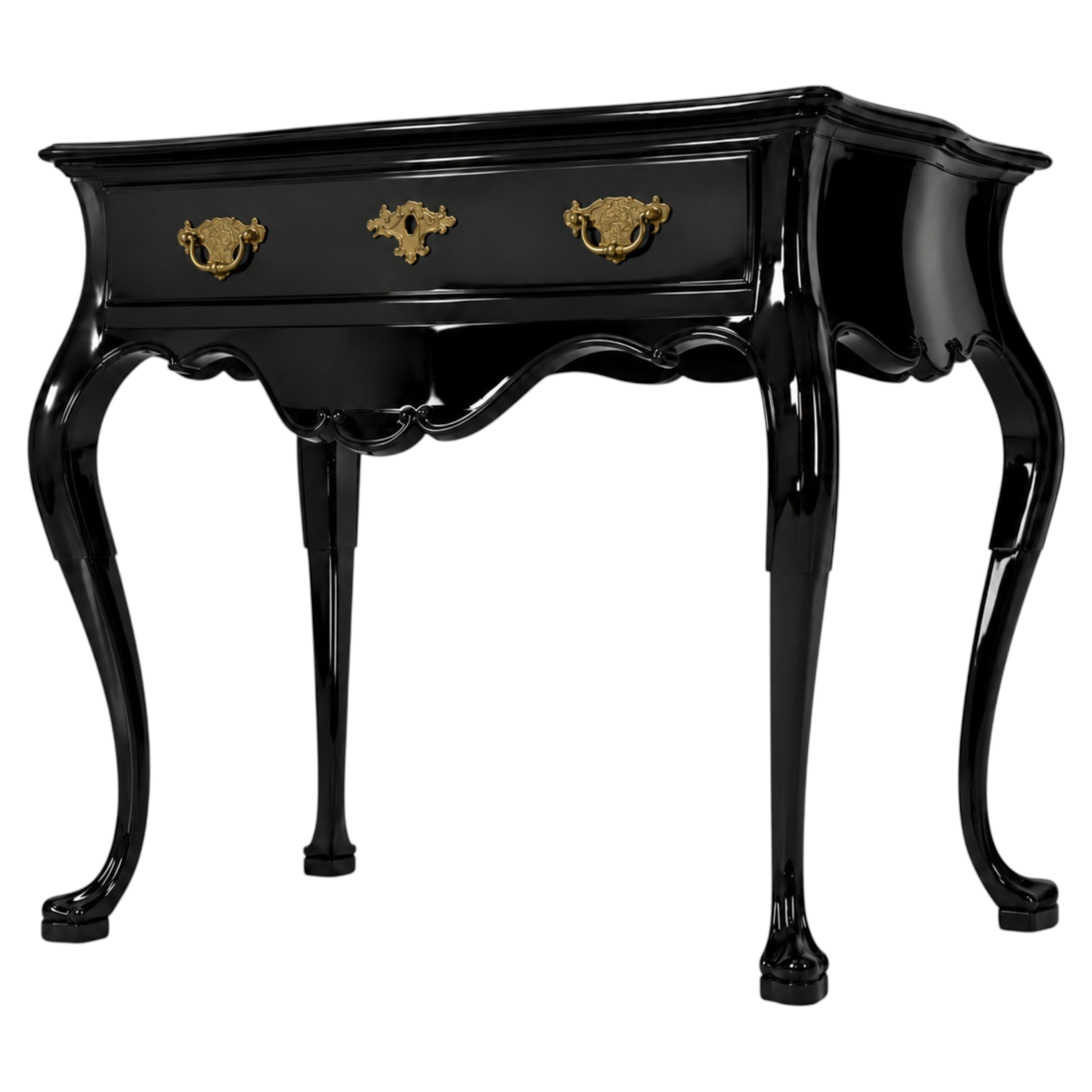 Baroque Style Black Lacquer Console Table with Brass Hardware, 20th Century For Sale