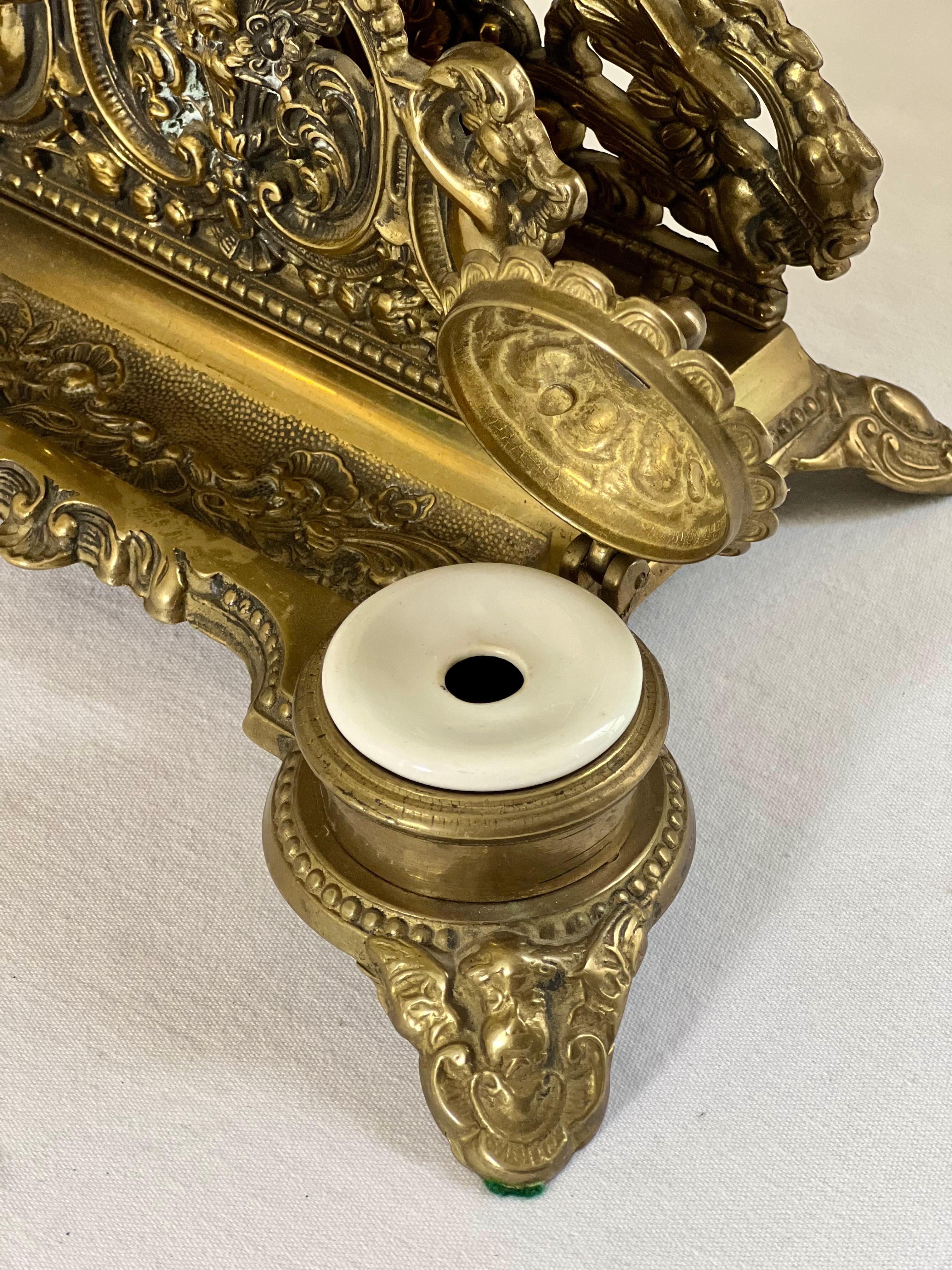Baroque Style Brass Inkwell Set and Letter Holder Stand For Sale 7