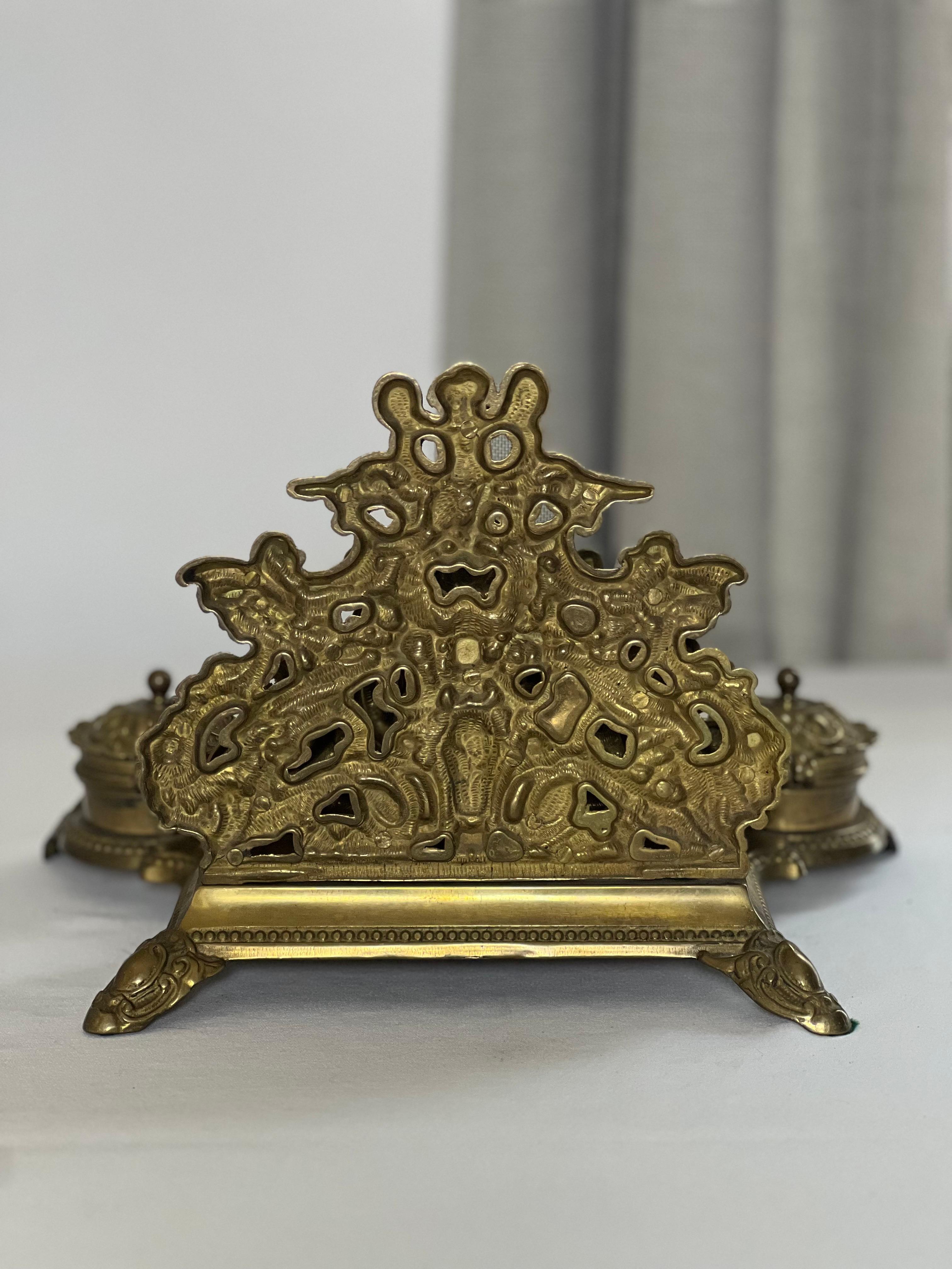 Baroque Style Brass Inkwell Set and Letter Holder Stand For Sale 8