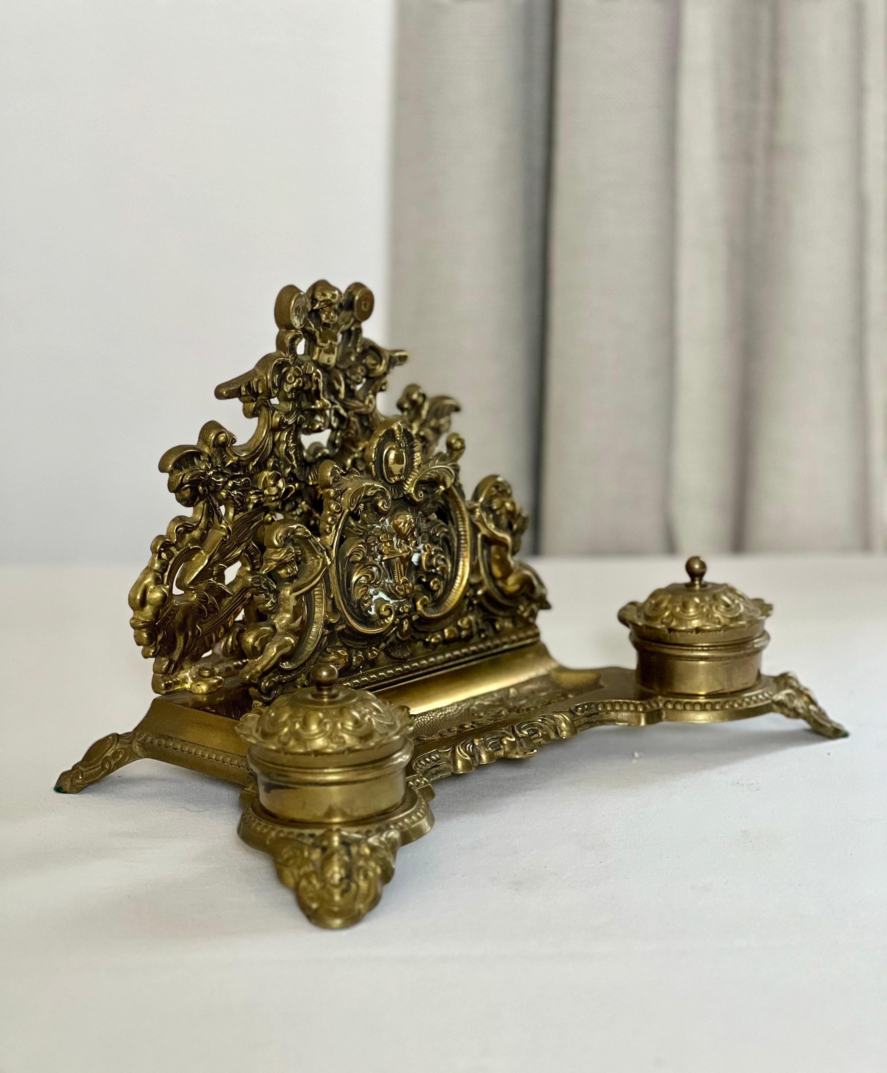 European Baroque Style Brass Inkwell Set and Letter Holder Stand For Sale