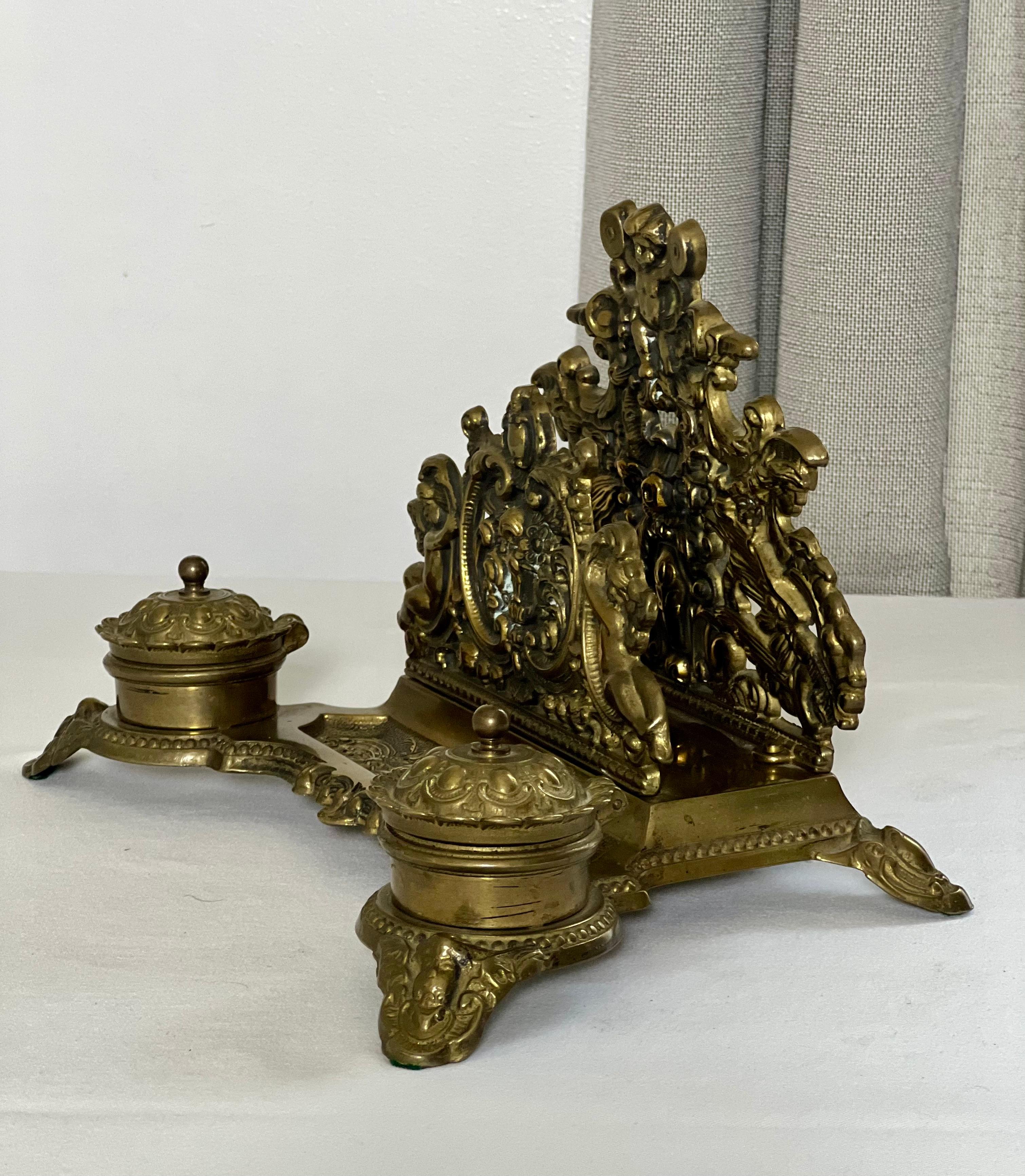 Baroque Style Brass Inkwell Set and Letter Holder Stand In Good Condition For Sale In Doylestown, PA