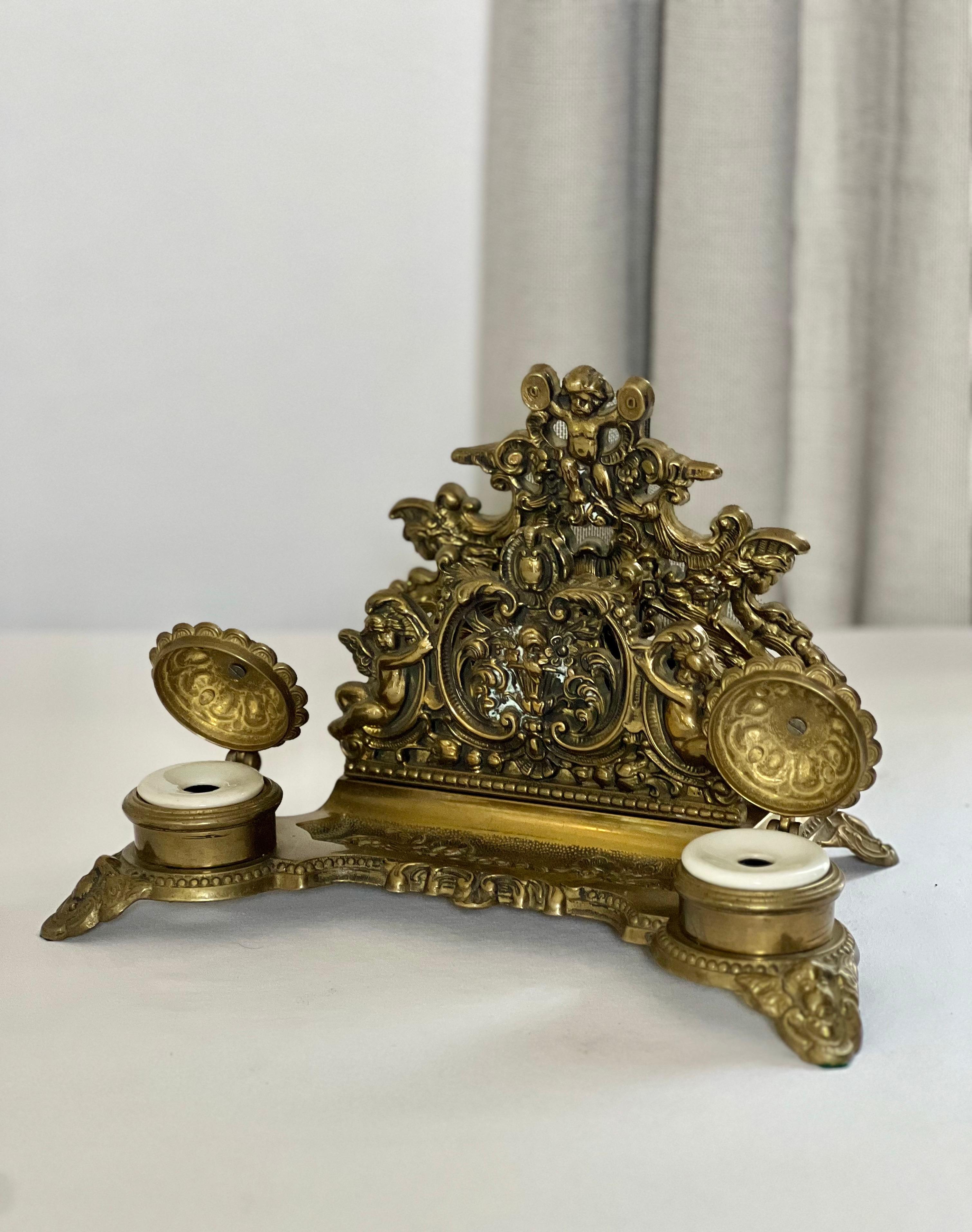 Early 20th Century Baroque Style Brass Inkwell Set and Letter Holder Stand For Sale