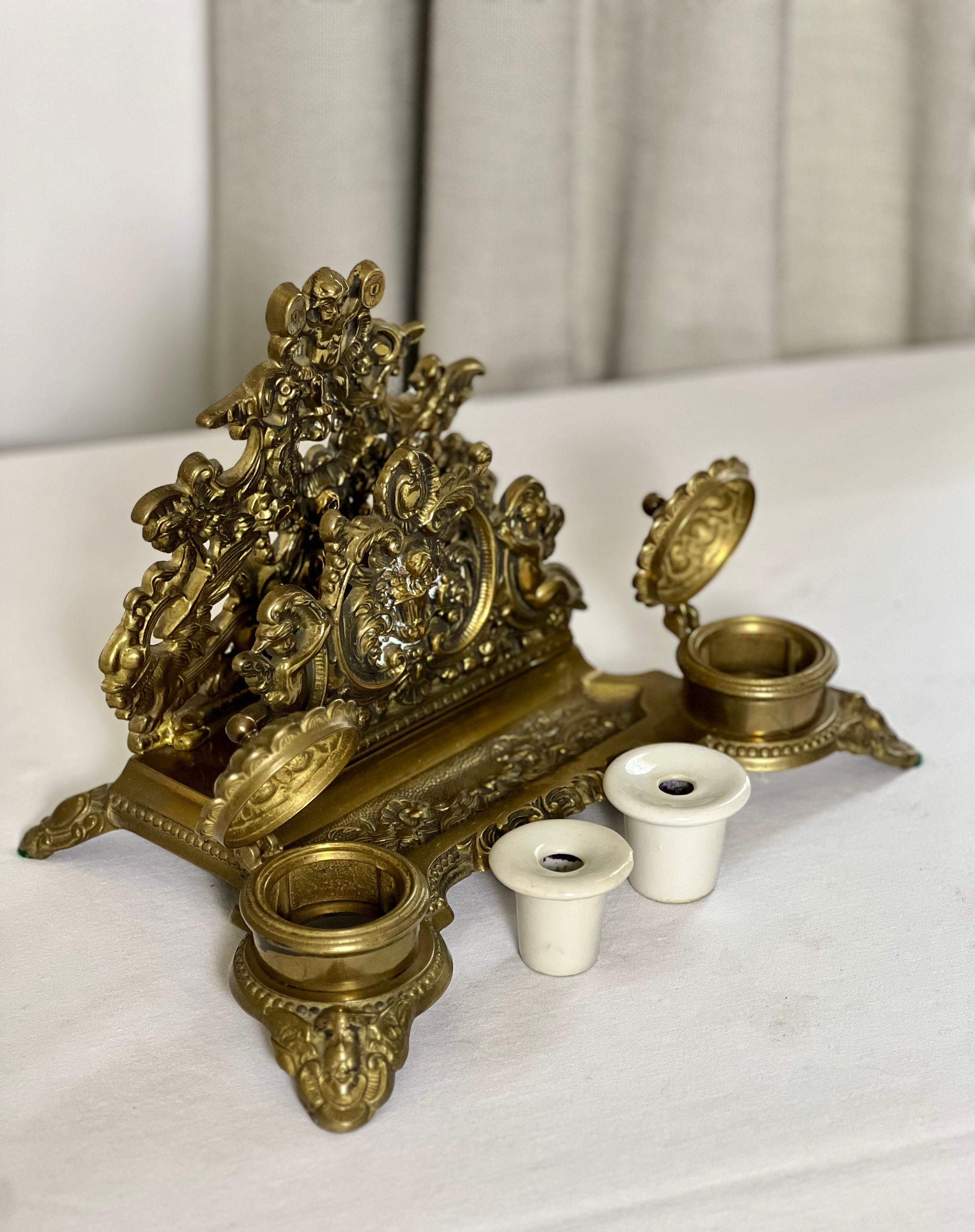 Porcelain Baroque Style Brass Inkwell Set and Letter Holder Stand For Sale
