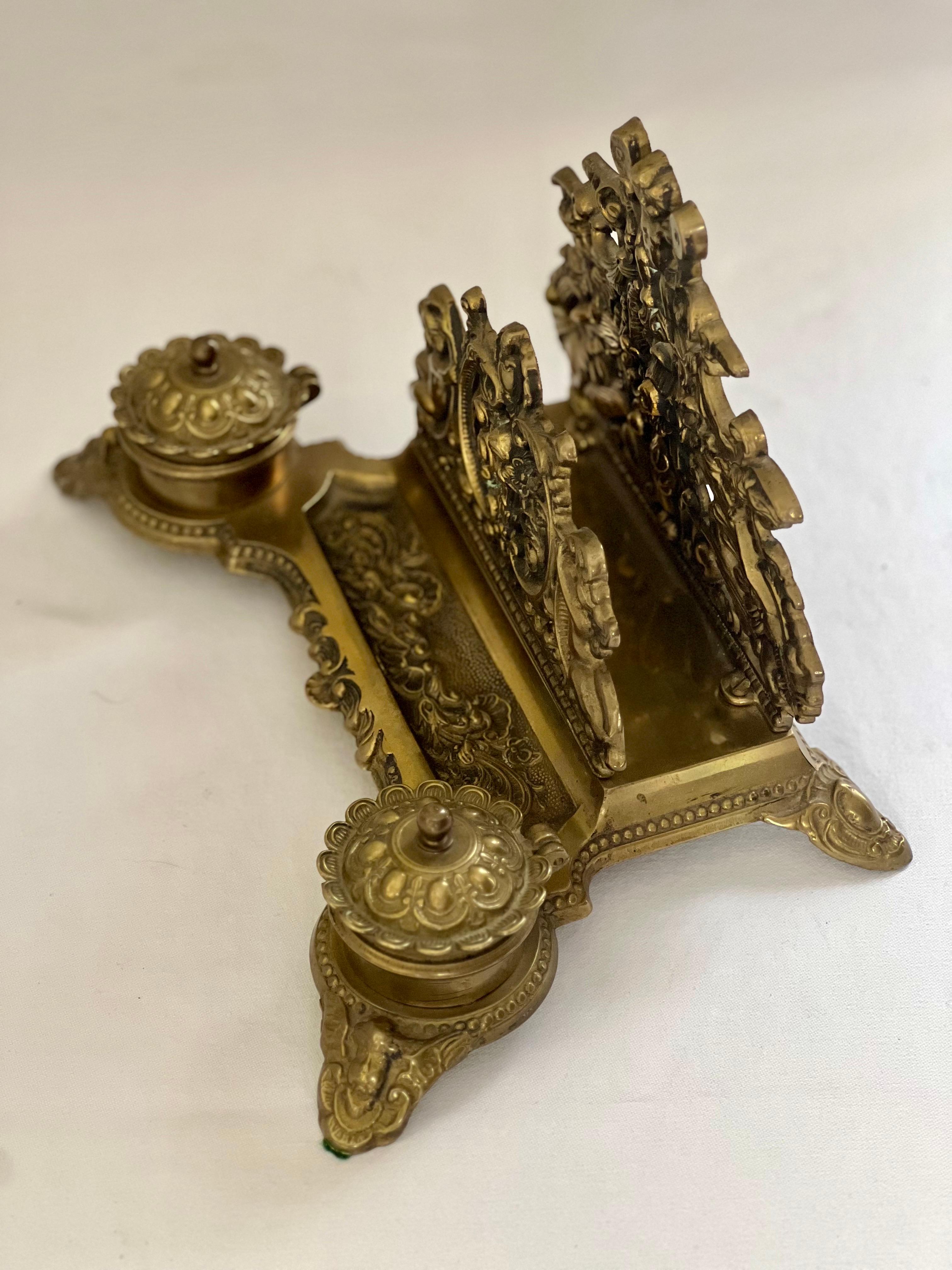 Baroque Style Brass Inkwell Set and Letter Holder Stand For Sale 1