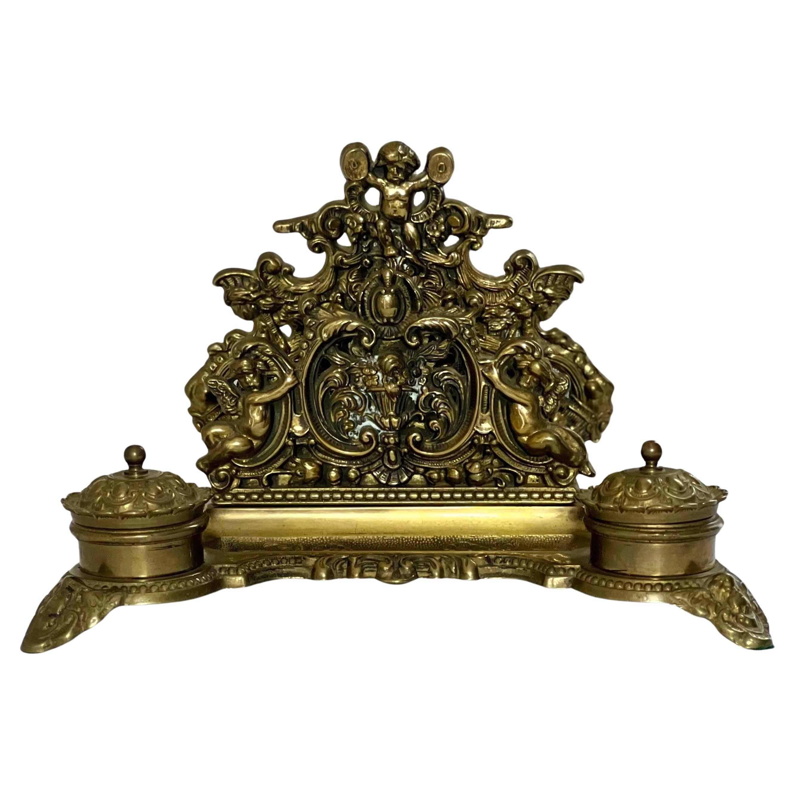 Baroque Style Brass Inkwell Set and Letter Holder Stand