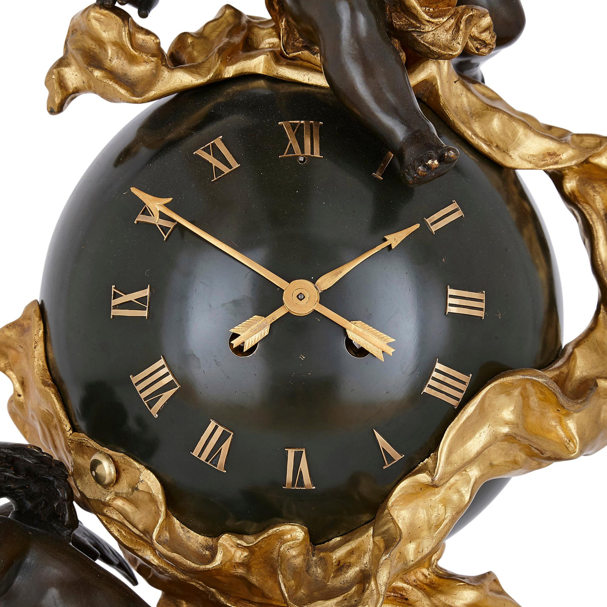 Baroque style bronze and ormolu cherub mantel clock
French, late 19th century
Measures: Height 69cm, width 35cm, depth 26.5cm

This dramatic and expressive mantel clock is a fine example of the Baroque style. The clock is crafted from gilt and