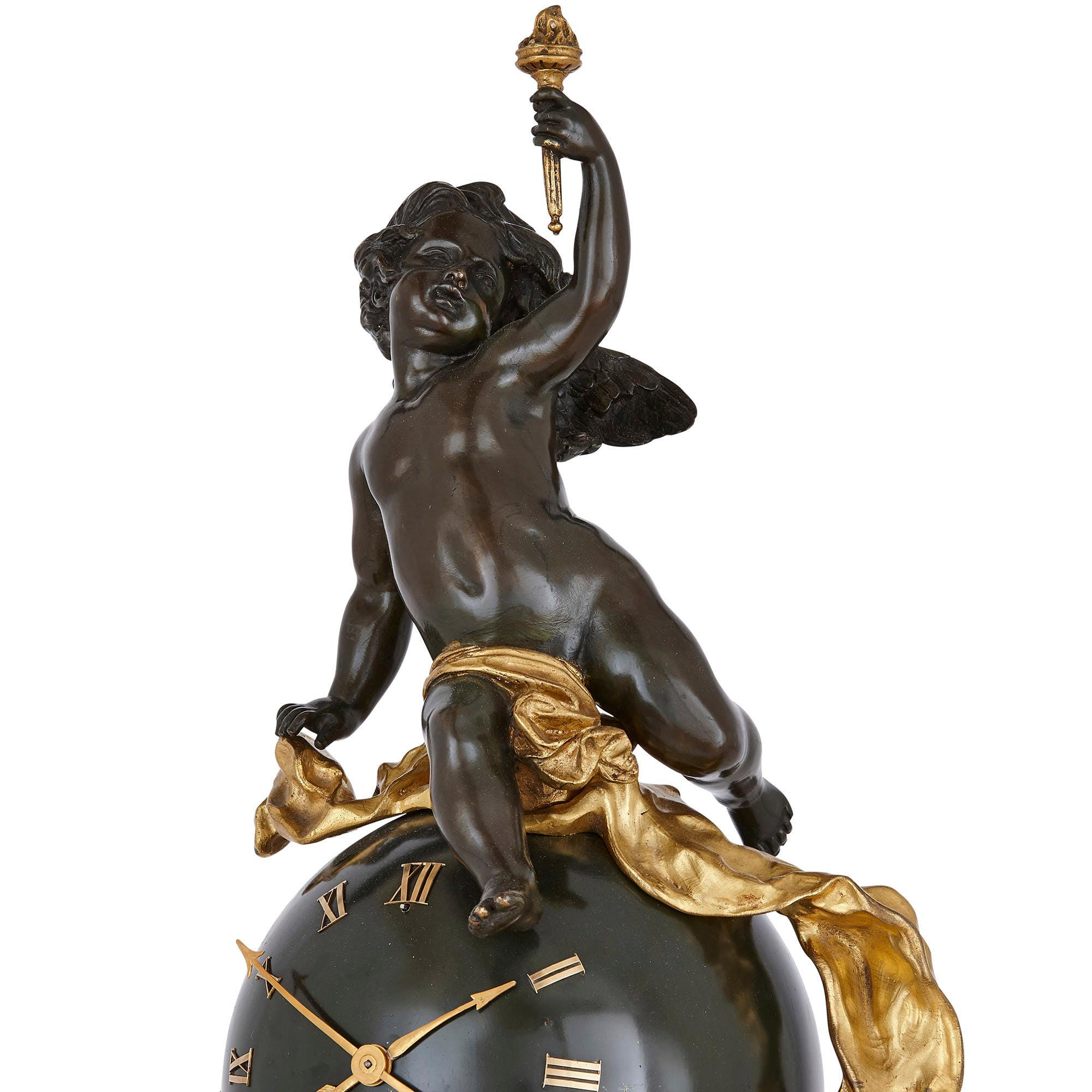 French Baroque Style Bronze and Ormolu Cherub Mantel Clock For Sale