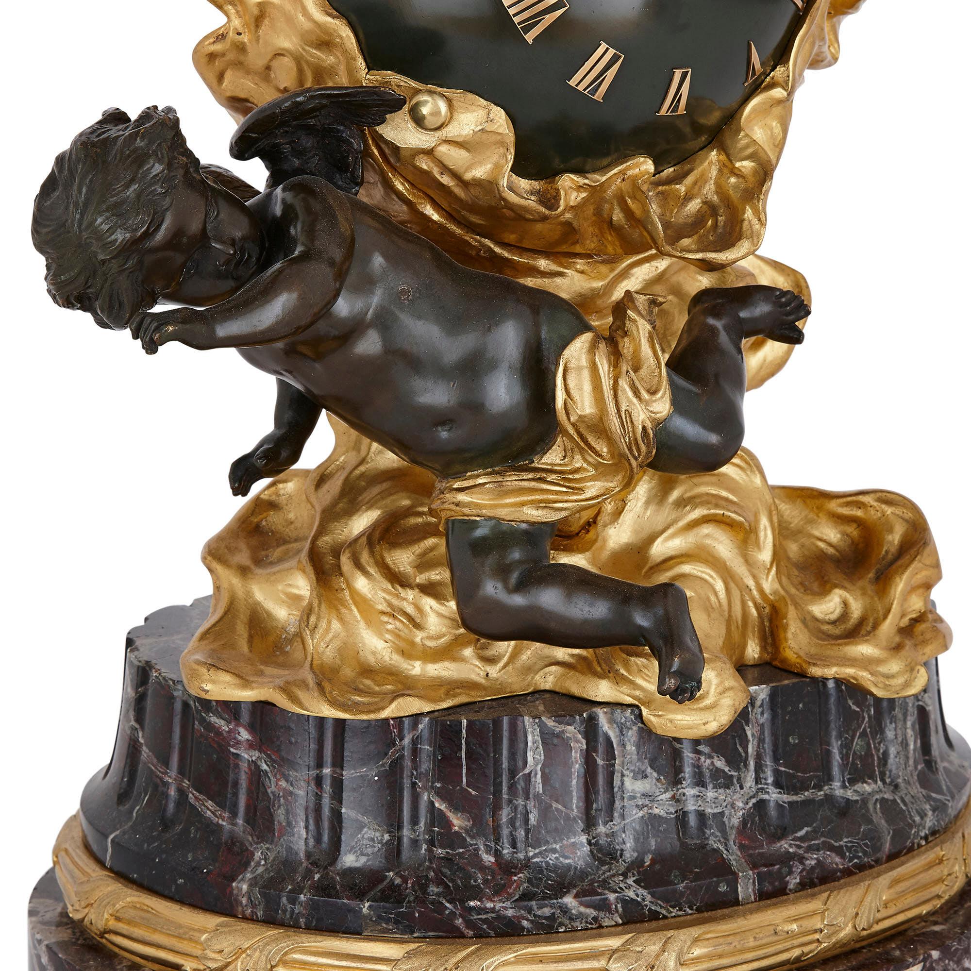 Gilt Baroque Style Bronze and Ormolu Cherub Mantel Clock For Sale