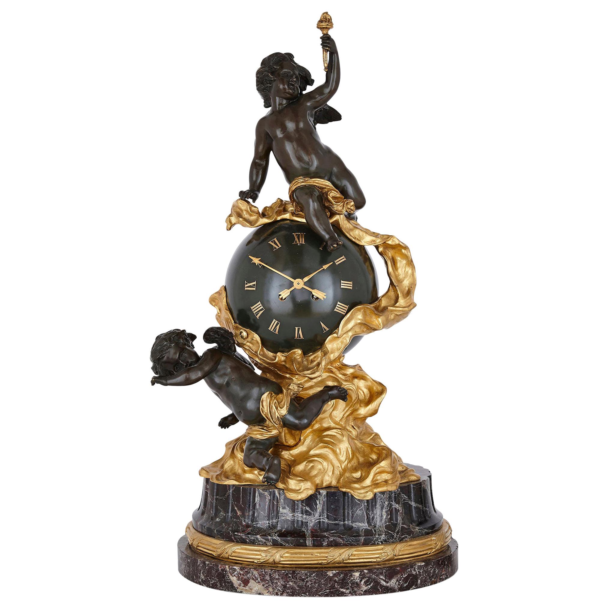 Baroque Style Bronze and Ormolu Cherub Mantel Clock For Sale
