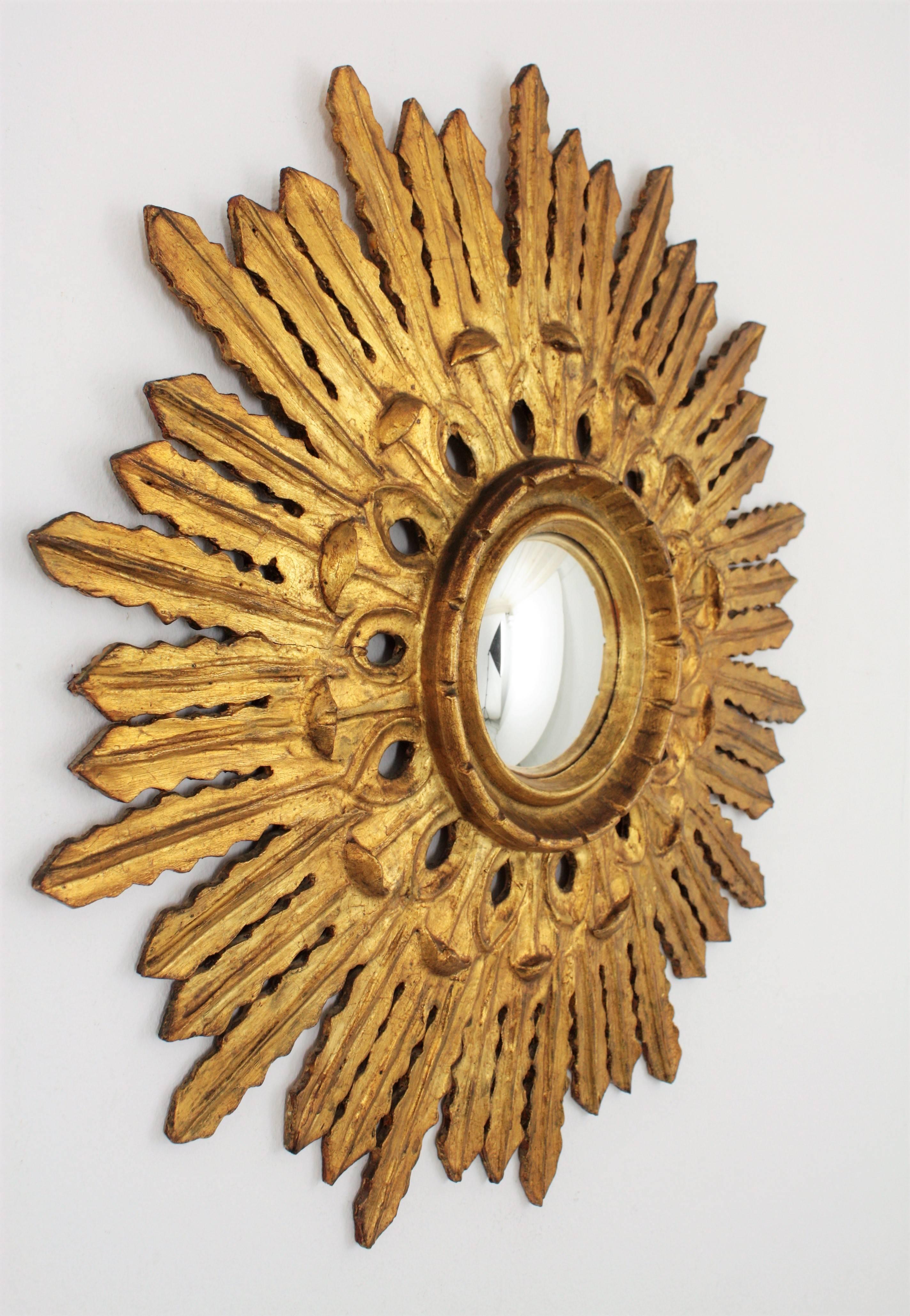 Spanish Baroque Style Carved Giltwood Sunburst Convex Mirror, Spain, 1920s