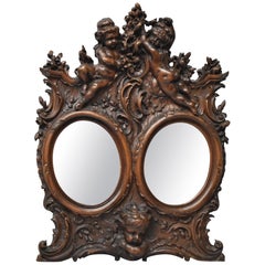 Baroque Style Carved Walnut Double Oval Mirror Picture Frame with Cherubs