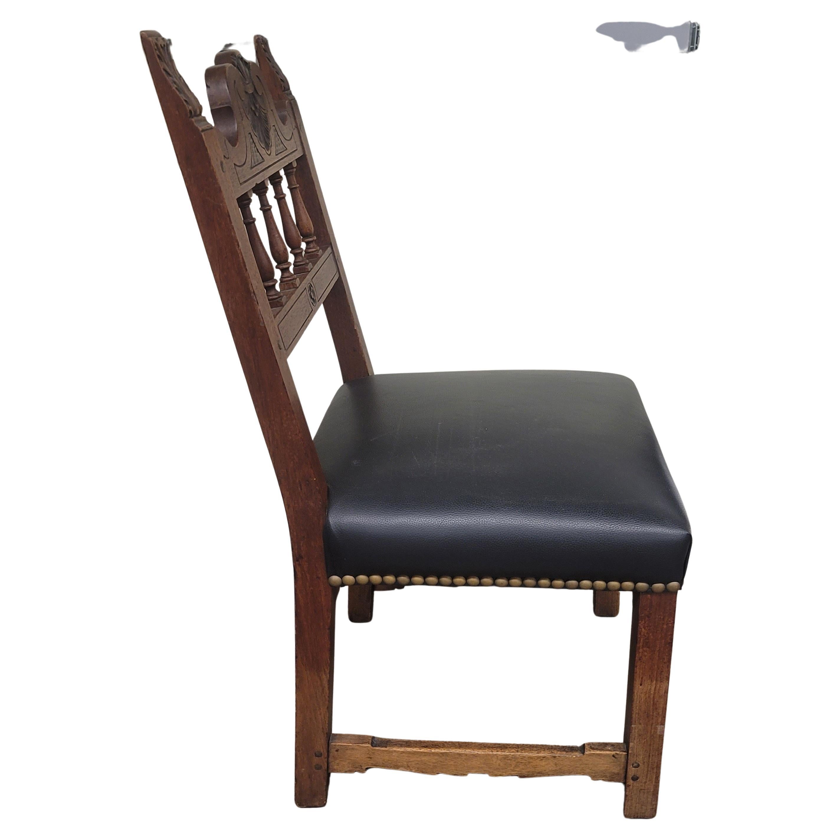 American Baroque Style Carved Wood and Leather Seat Side Chair, Circa 1920s For Sale