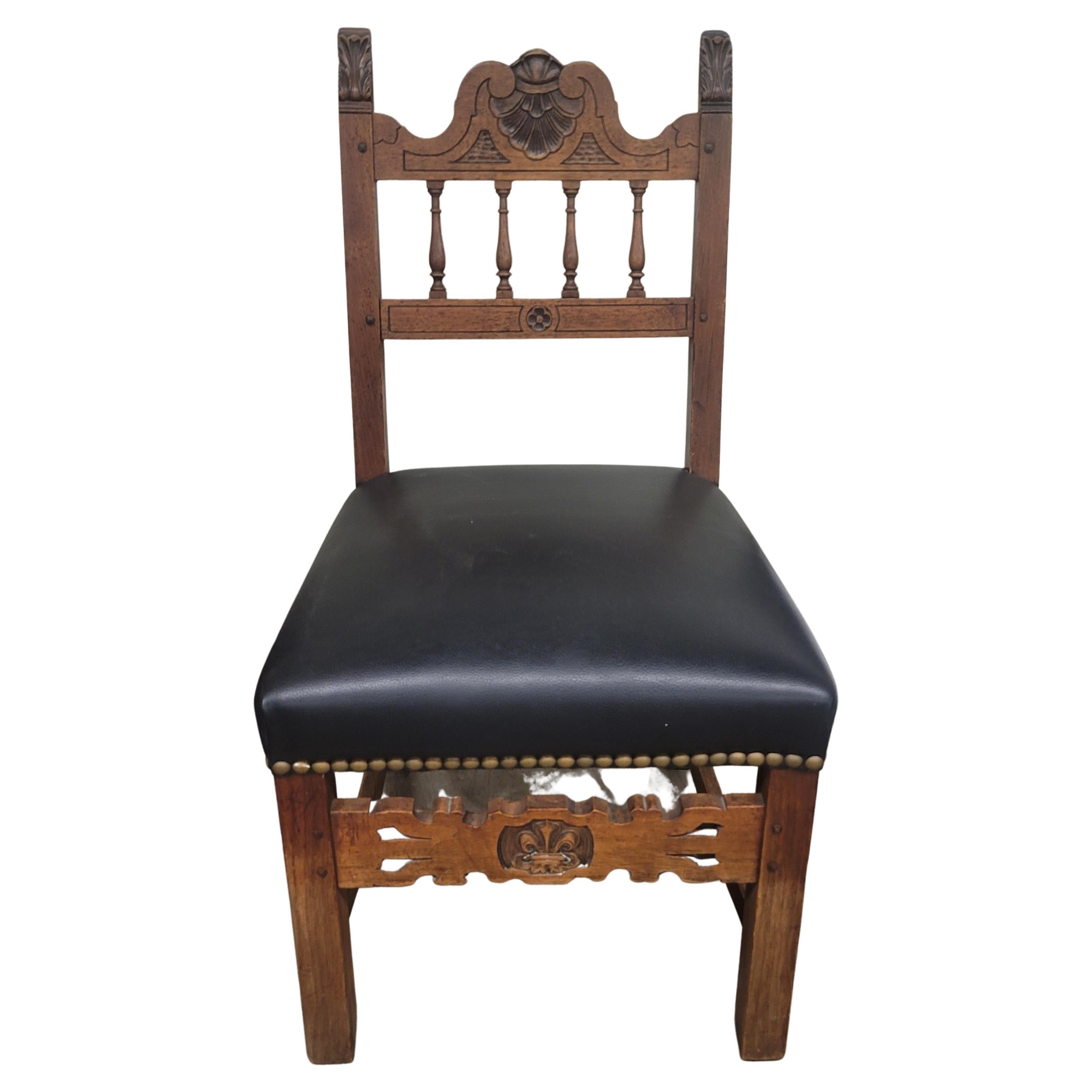 Baroque Style Carved Wood and Leather Seat Side Chair, Circa 1920s For Sale