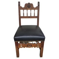 Antique Baroque Style Carved Wood and Leather Seat Side Chair, Circa 1920s