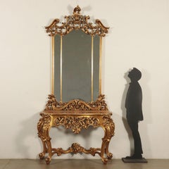 Baroque Style Console with Mirror, Wood Red Marble, Italy 20th Century