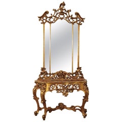 Vintage Baroque Style Console with Mirror, Wood Red Marble, Italy 20th Century