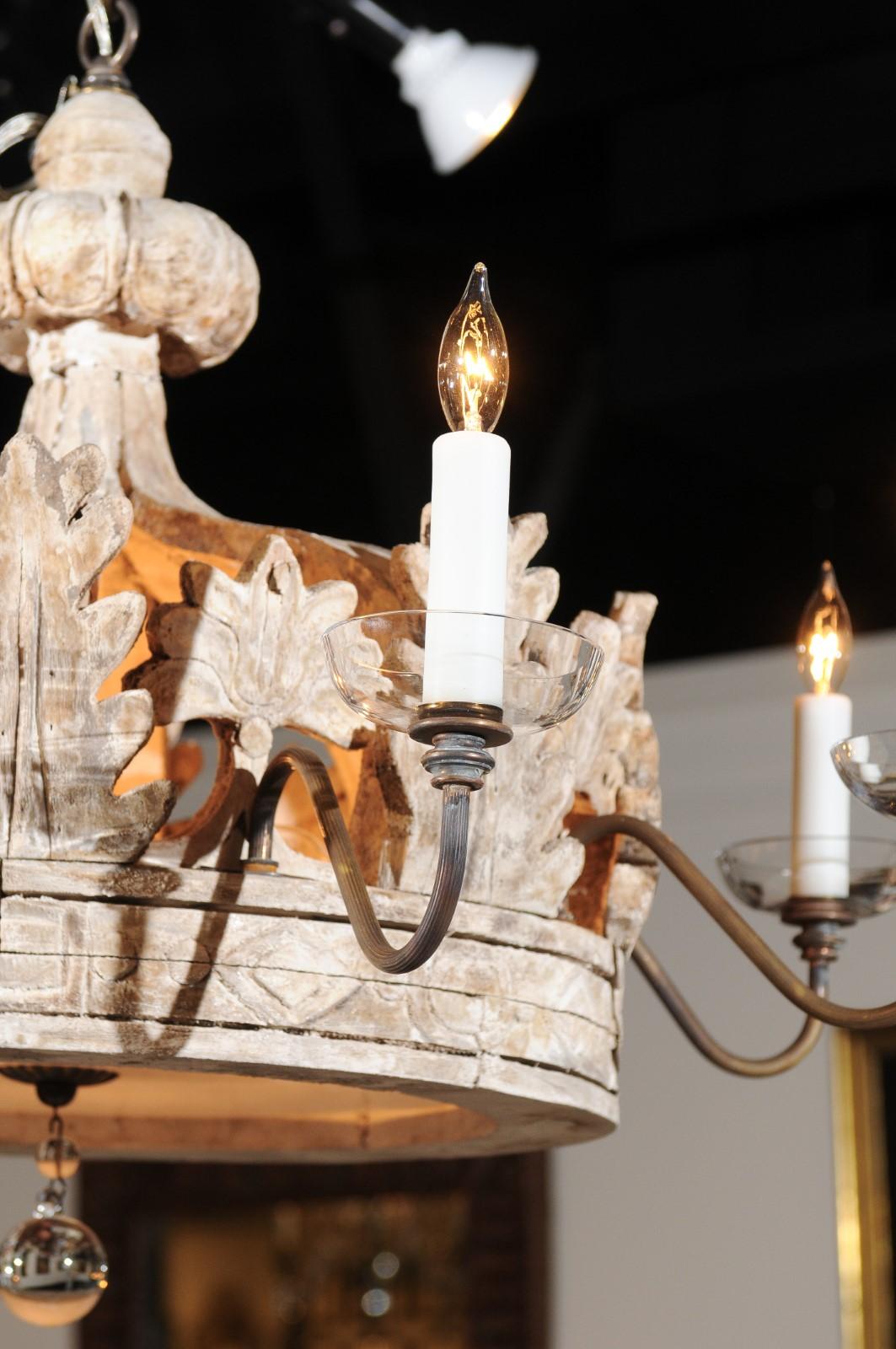 Baroque Style Contemporary Wooden Carved Crown Chandelier with Eight Arms In Good Condition In Atlanta, GA