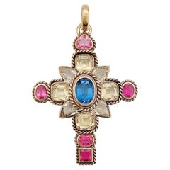 Baroque Style Cross Set with Citrines, Tourmalines and a Central Tanzanite