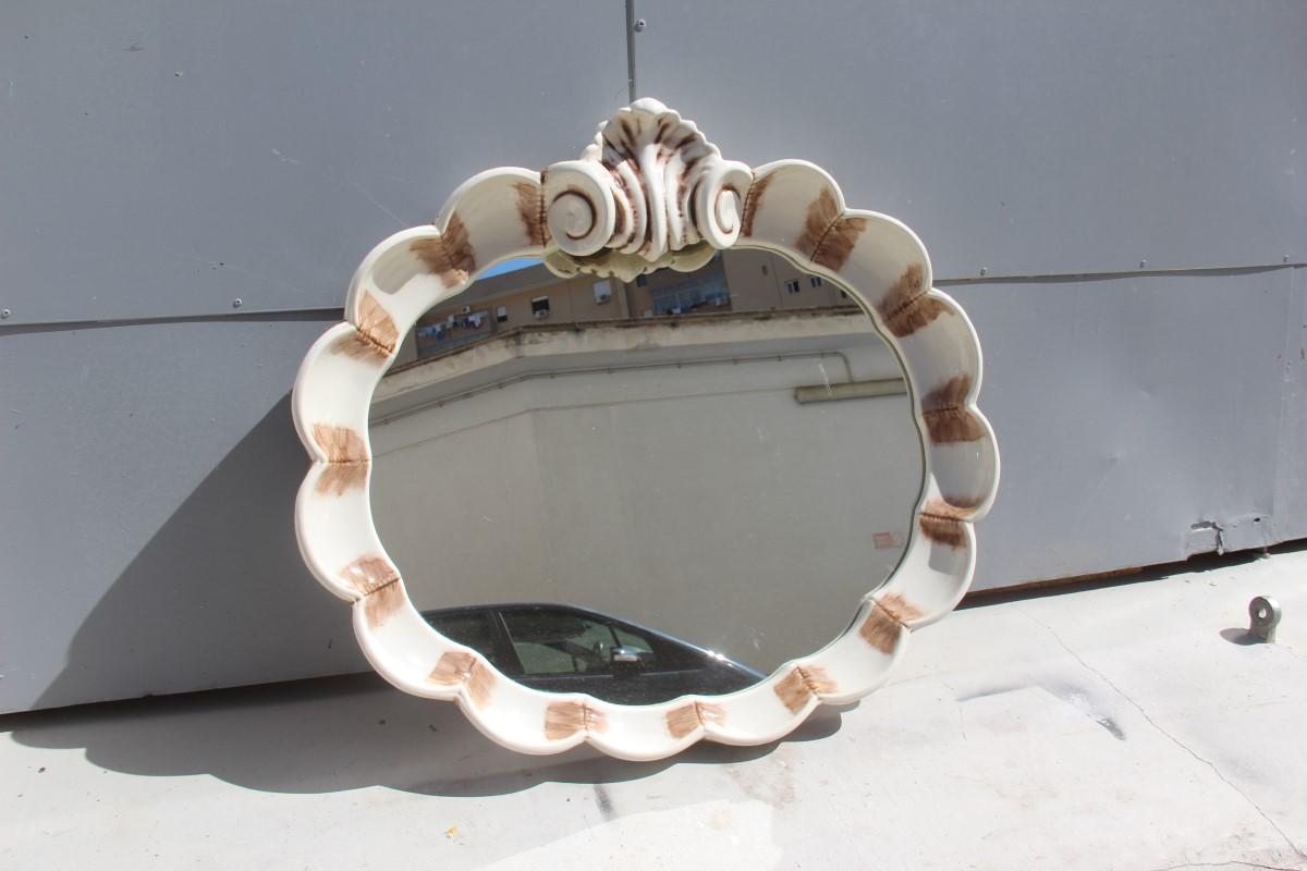 Italian Baroque Style Decorative Ceramic Mirror with Shell White Brown Shades Midcentury For Sale