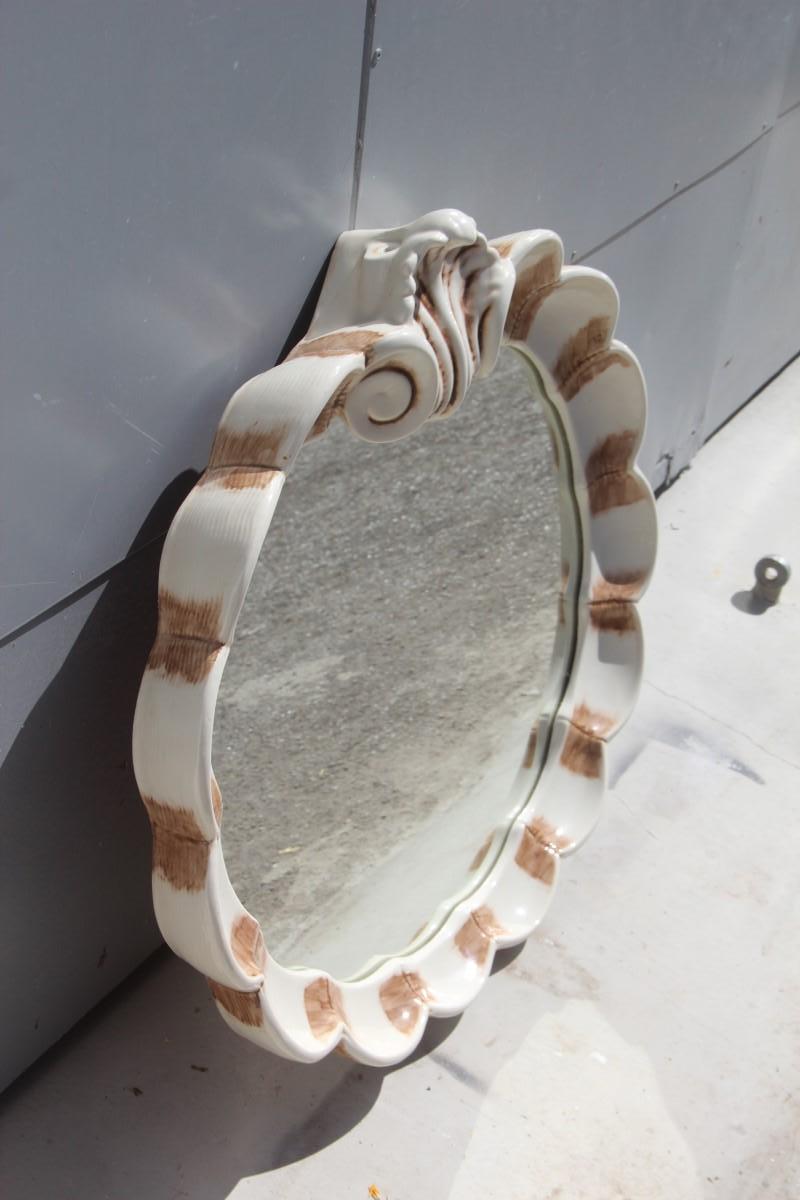 Mid-20th Century Baroque Style Decorative Ceramic Mirror with Shell White Brown Shades Midcentury For Sale