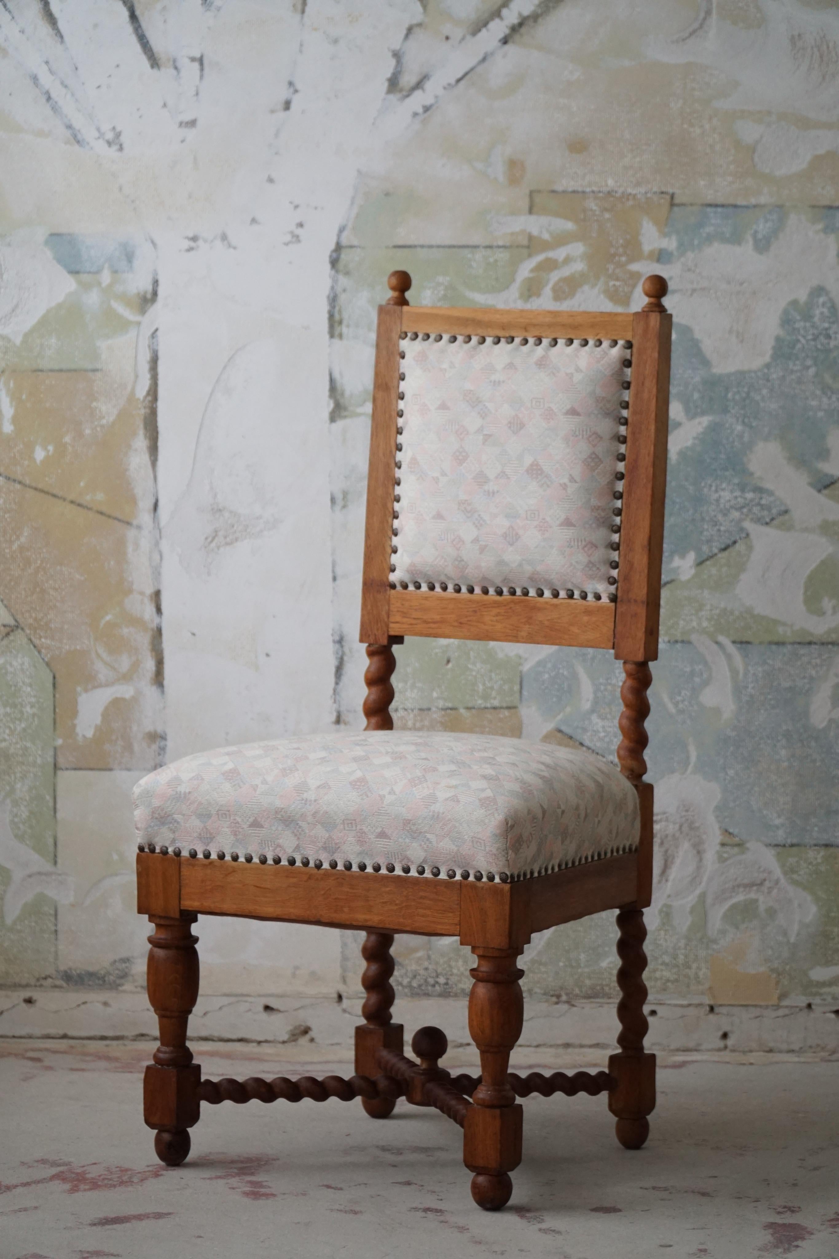 Jacobean Baroque Style English Chair with Barley Twisted Legs in Oak, 1920s For Sale