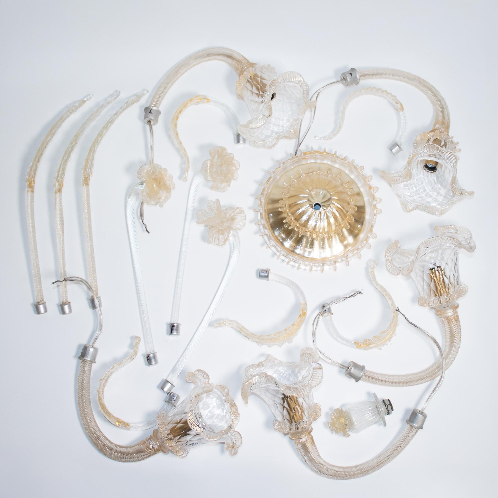 Baroque Style Floral Gold Inflused Five Arm Cristallo Murano Chandelier For Sale 6