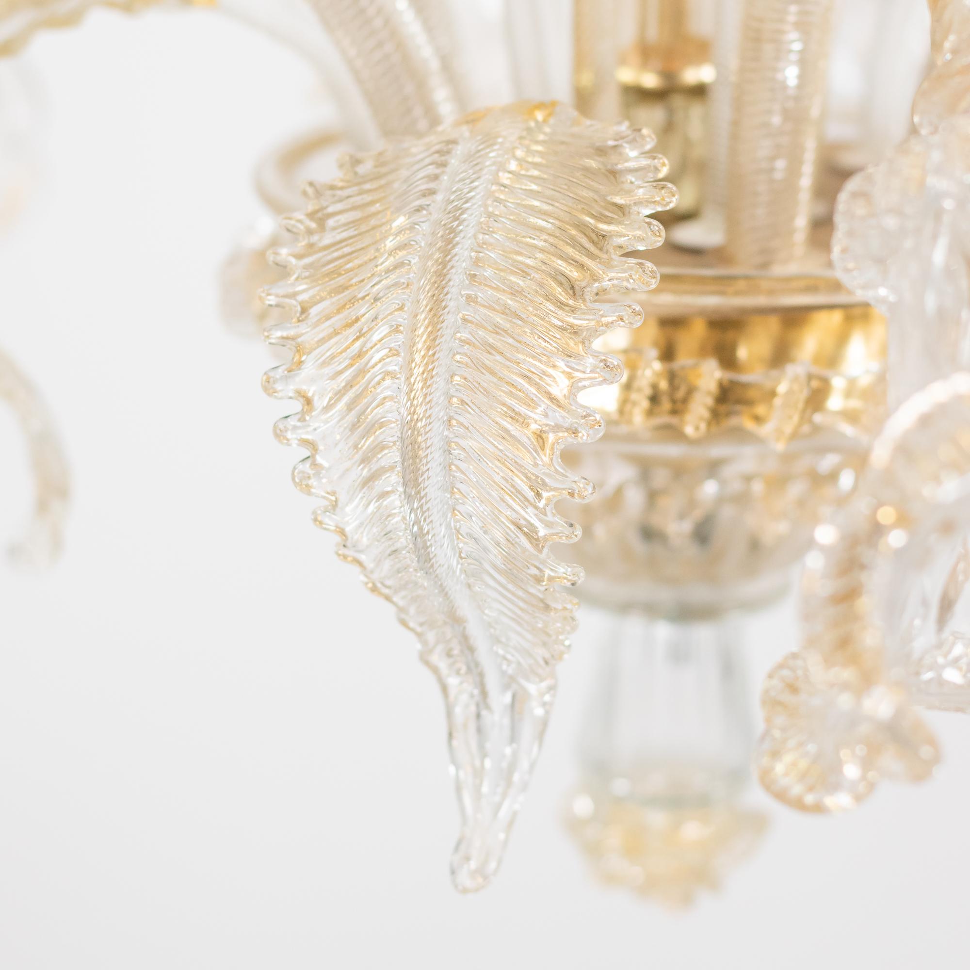 Baroque Style Floral Gold Inflused Five Arm Cristallo Murano Chandelier For Sale 8