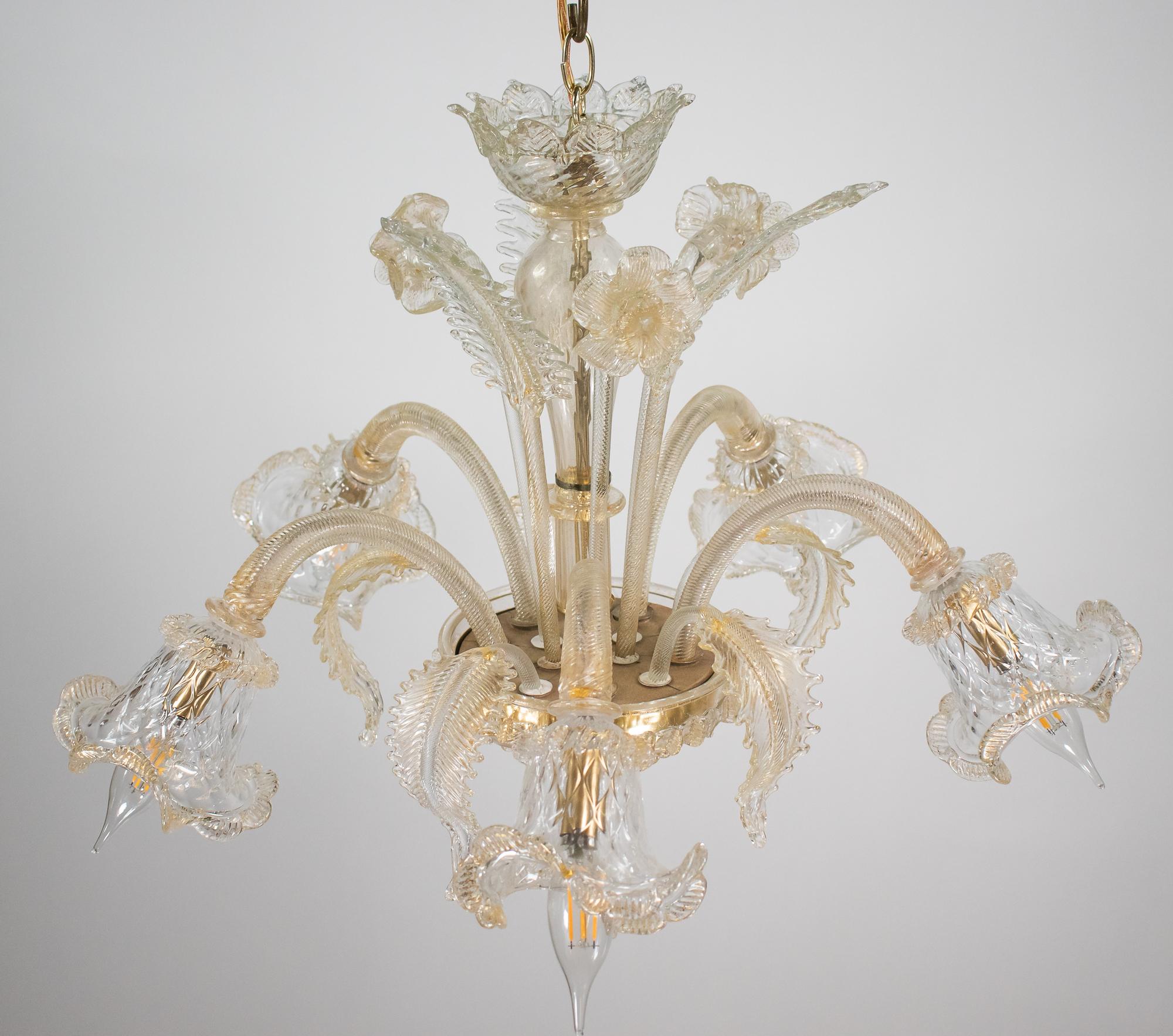 Baroque Style Floral Gold Inflused Five Arm Cristallo Murano Chandelier For Sale 9