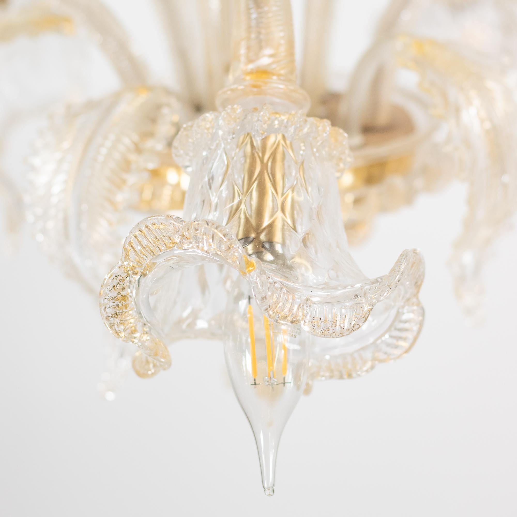 Baroque Style Floral Gold Inflused Five Arm Cristallo Murano Chandelier For Sale 12