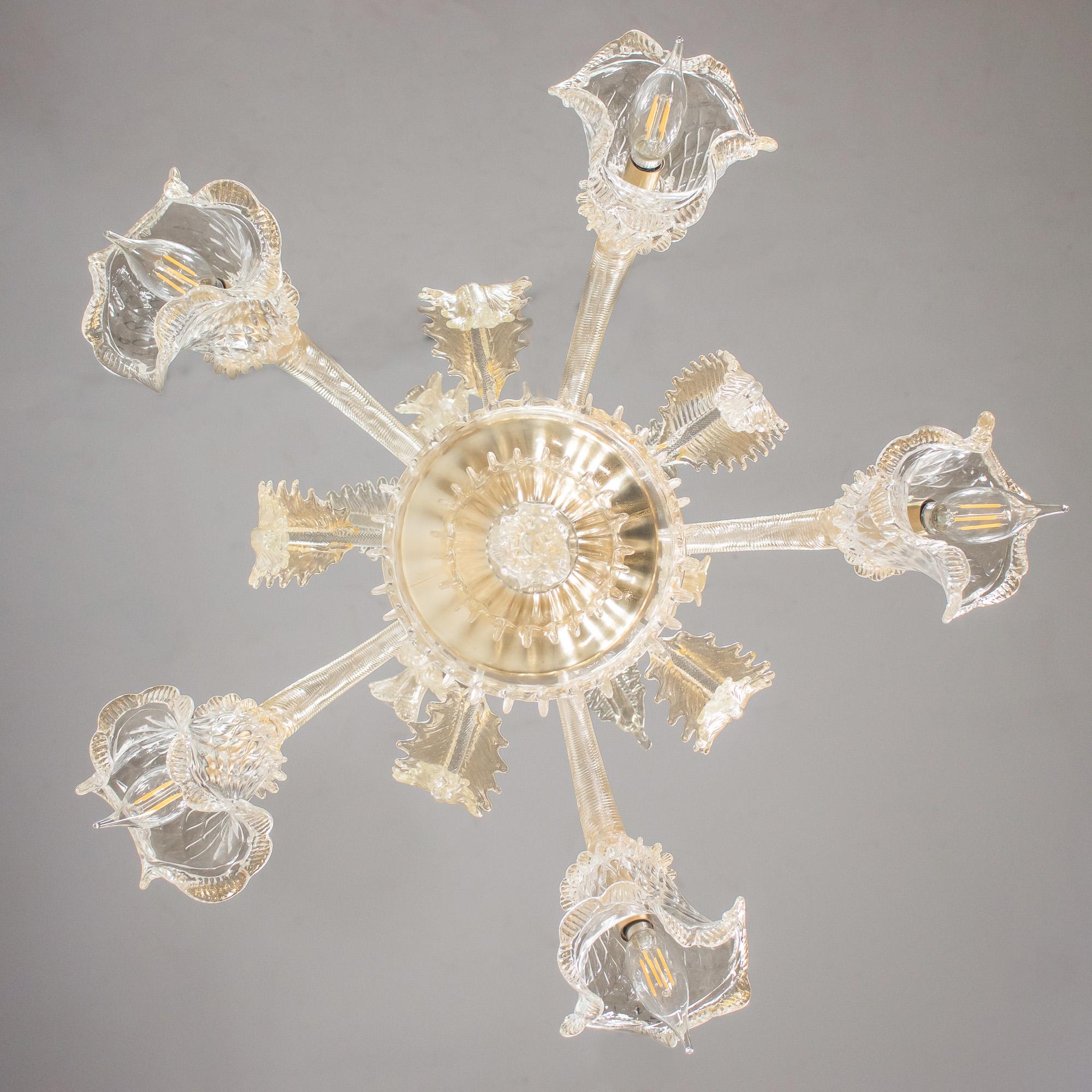 Baroque Style Floral Gold Inflused Five Arm Cristallo Murano Chandelier For Sale 13