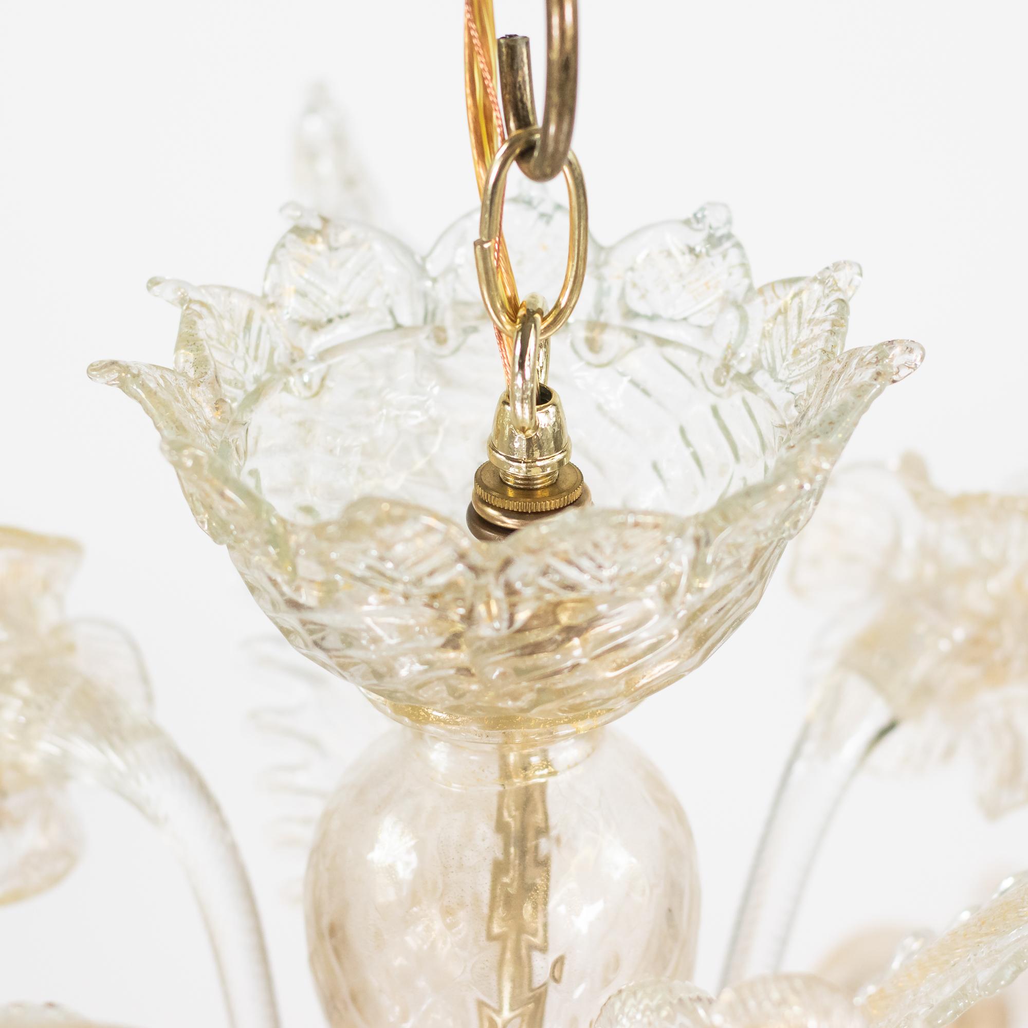Italian Baroque Style Floral Gold Inflused Five Arm Cristallo Murano Chandelier For Sale