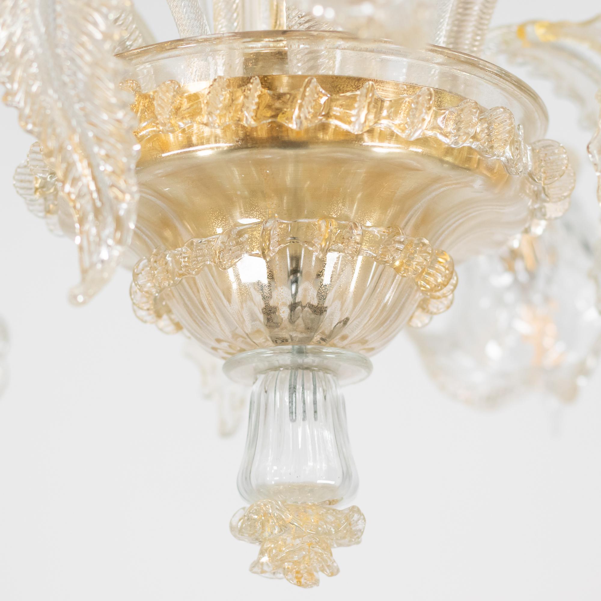 Hand-Crafted Baroque Style Floral Gold Inflused Five Arm Cristallo Murano Chandelier For Sale