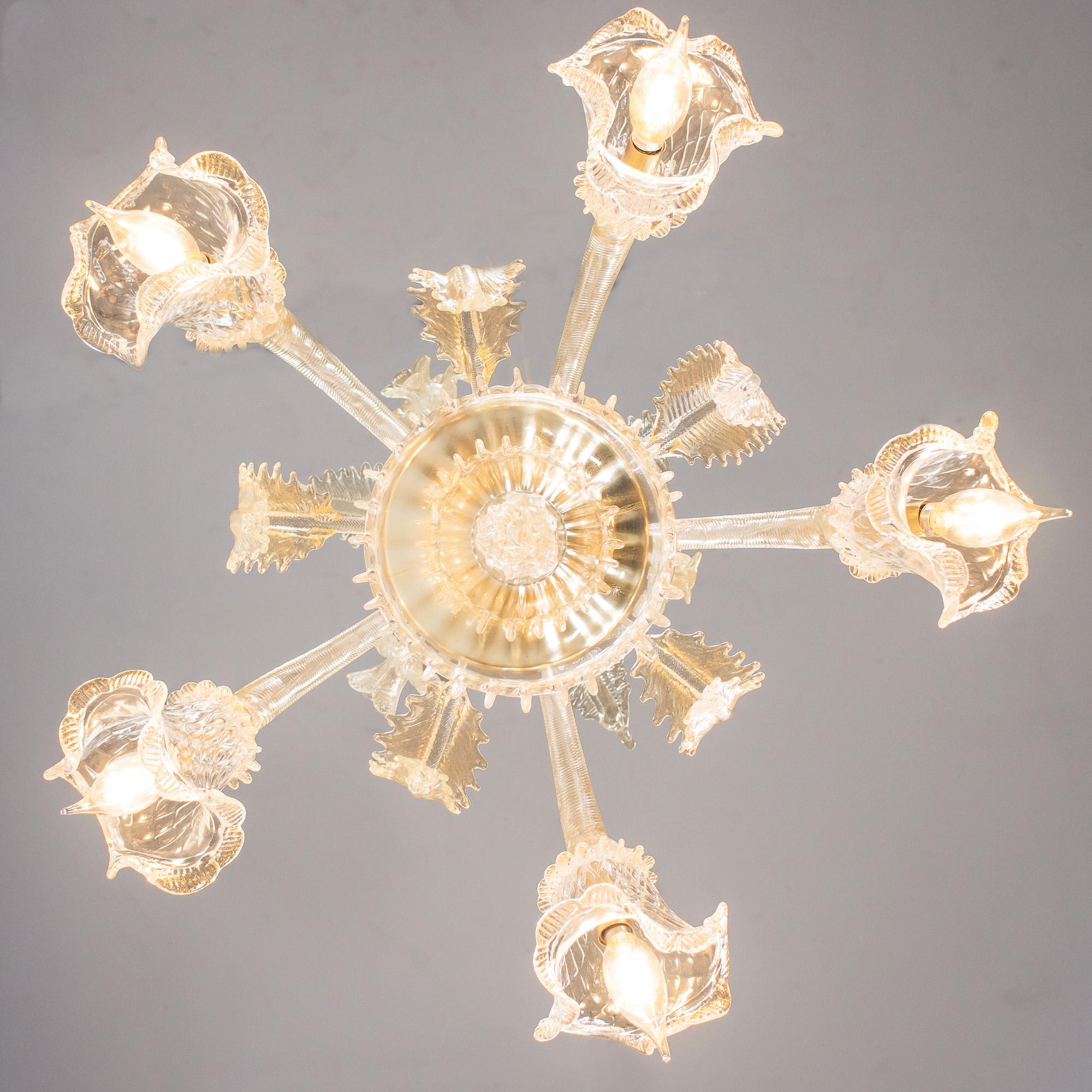 Baroque Style Floral Gold Inflused Five Arm Cristallo Murano Chandelier In Good Condition For Sale In Chicago, IL