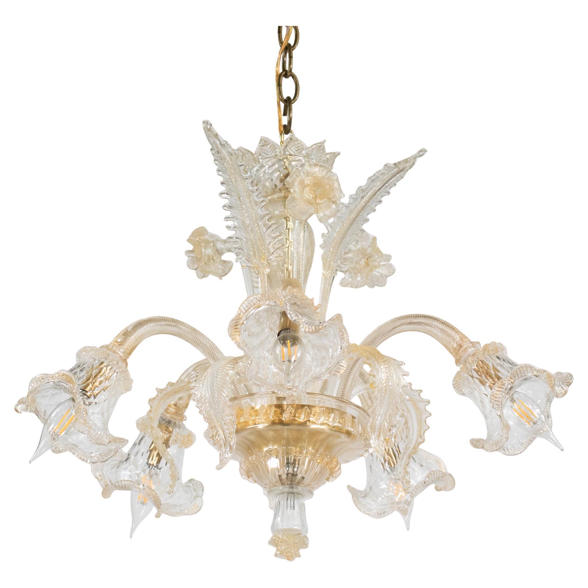 Baroque Style Floral Gold Inflused Five Arm Cristallo Murano Chandelier For Sale