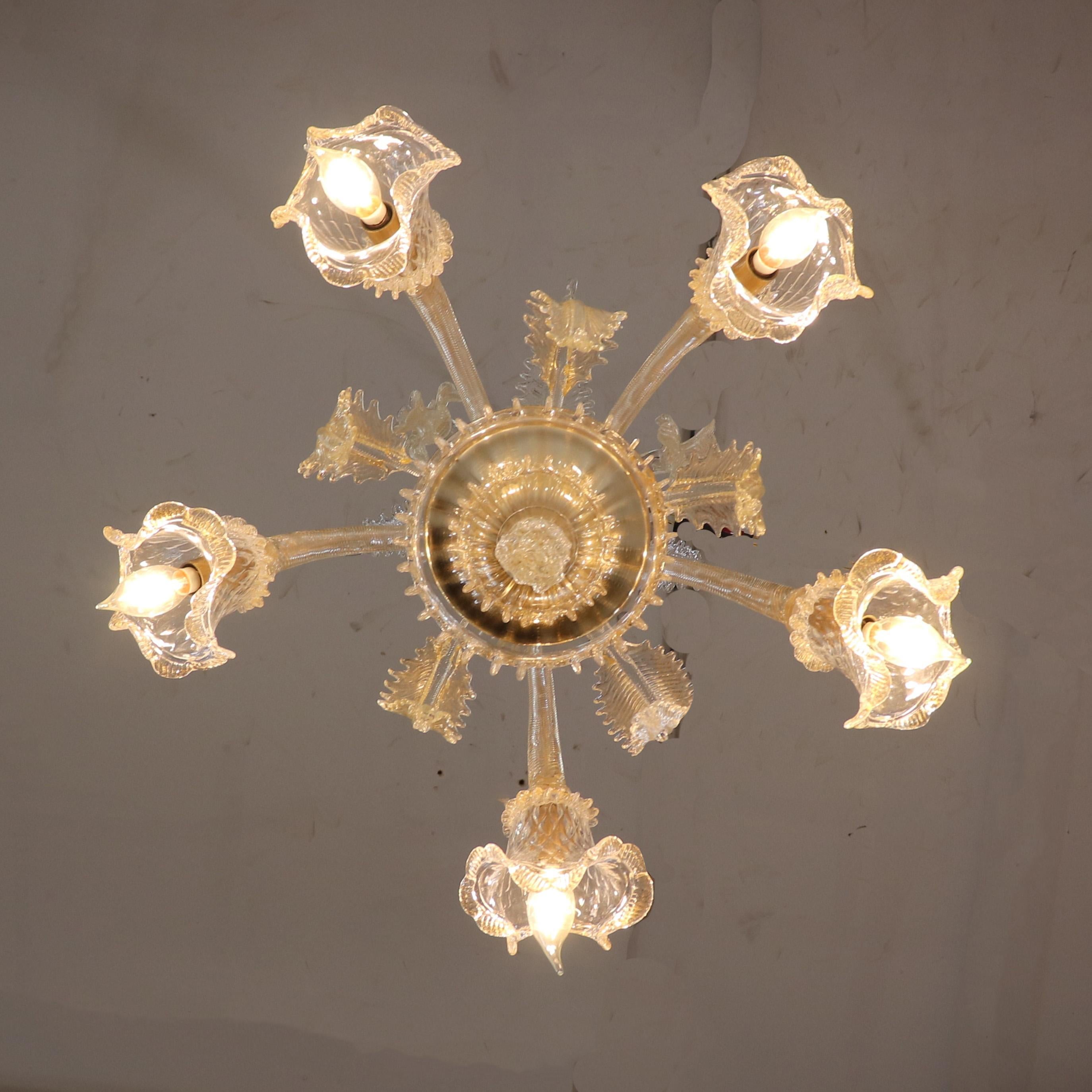  Baroque Style Floral Gold Inflused Five Arm Cristallo Murano Chandelier having  For Sale 8