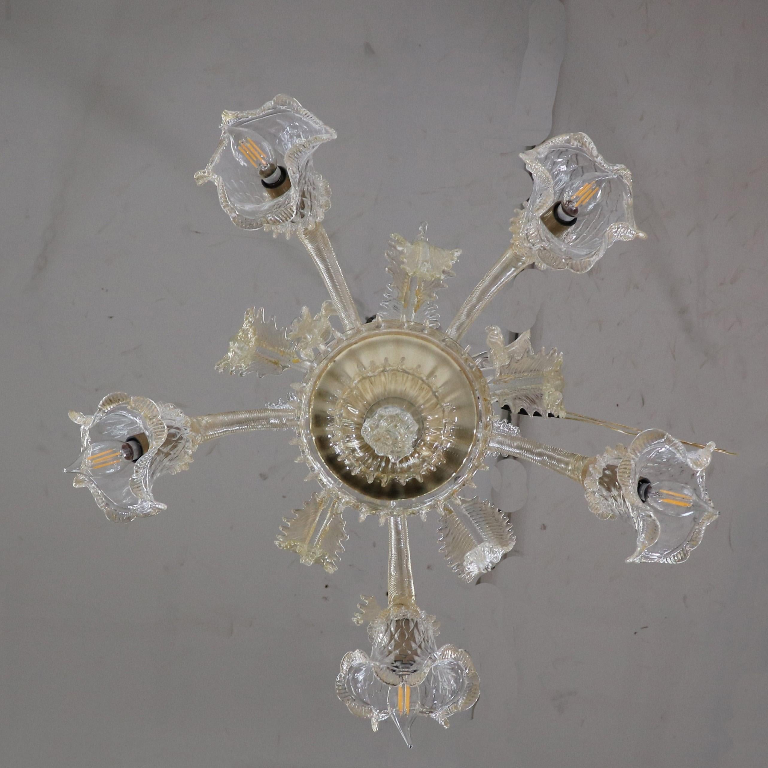  Baroque Style Floral Gold Inflused Five Arm Cristallo Murano Chandelier having  For Sale 9