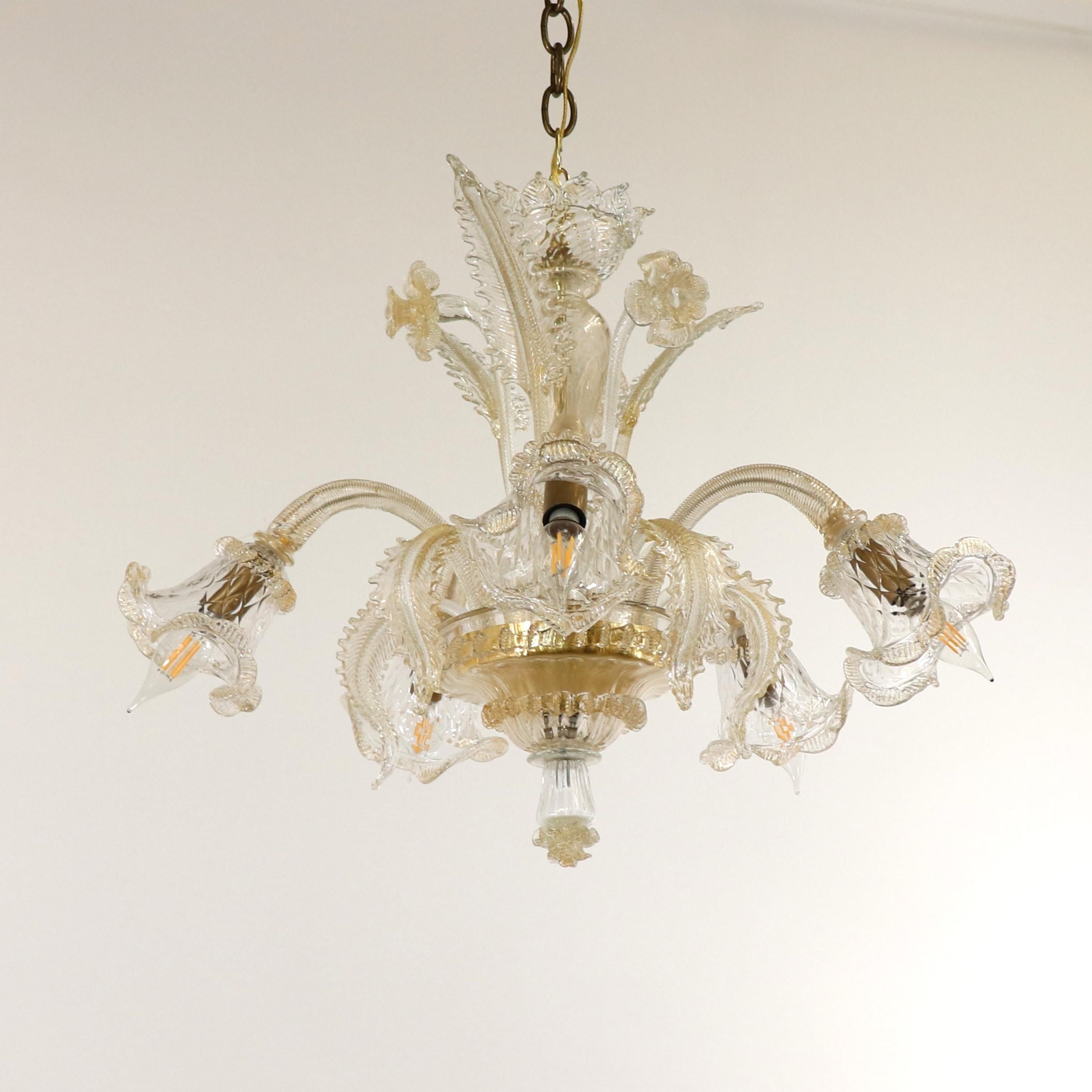 Mid-Century Modern  Baroque Style Floral Gold Inflused Five Arm Cristallo Murano Chandelier having  For Sale