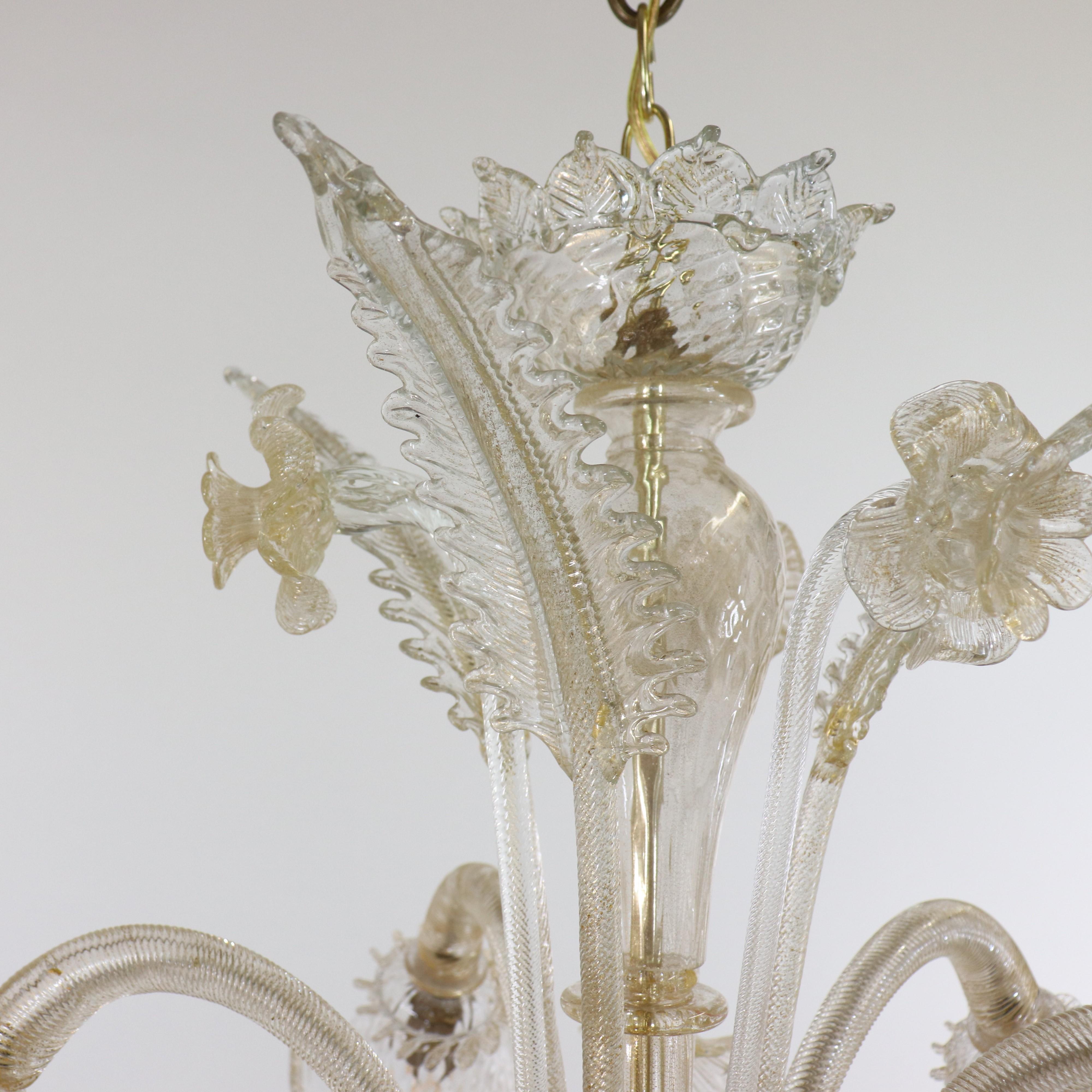 20th Century  Baroque Style Floral Gold Inflused Five Arm Cristallo Murano Chandelier having  For Sale