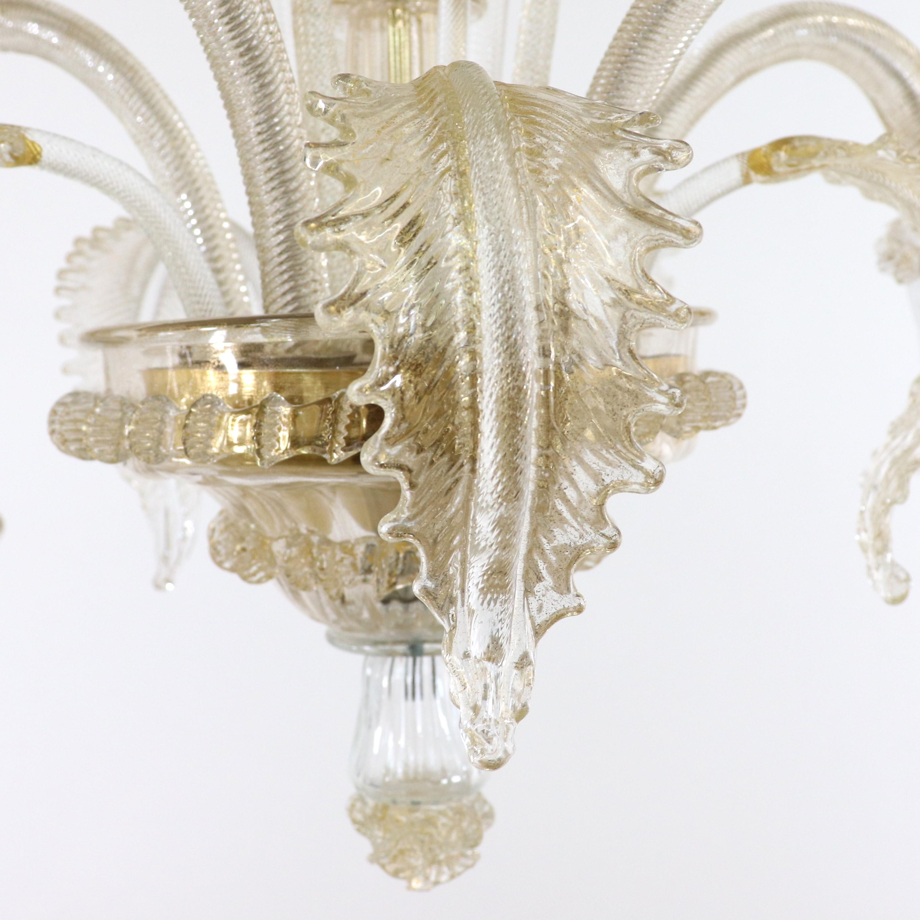 Blown Glass  Baroque Style Floral Gold Inflused Five Arm Cristallo Murano Chandelier having  For Sale