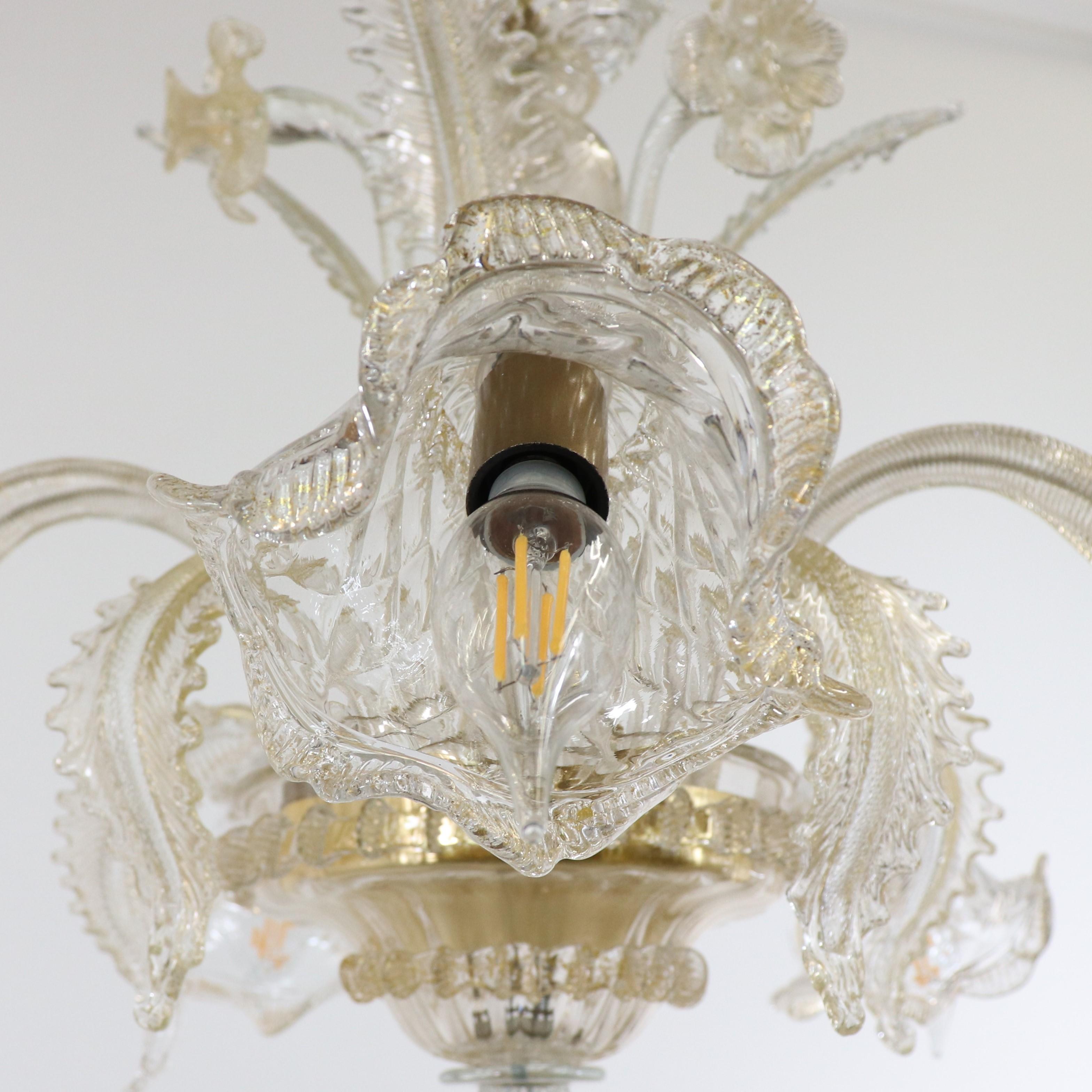  Baroque Style Floral Gold Inflused Five Arm Cristallo Murano Chandelier having  For Sale 1