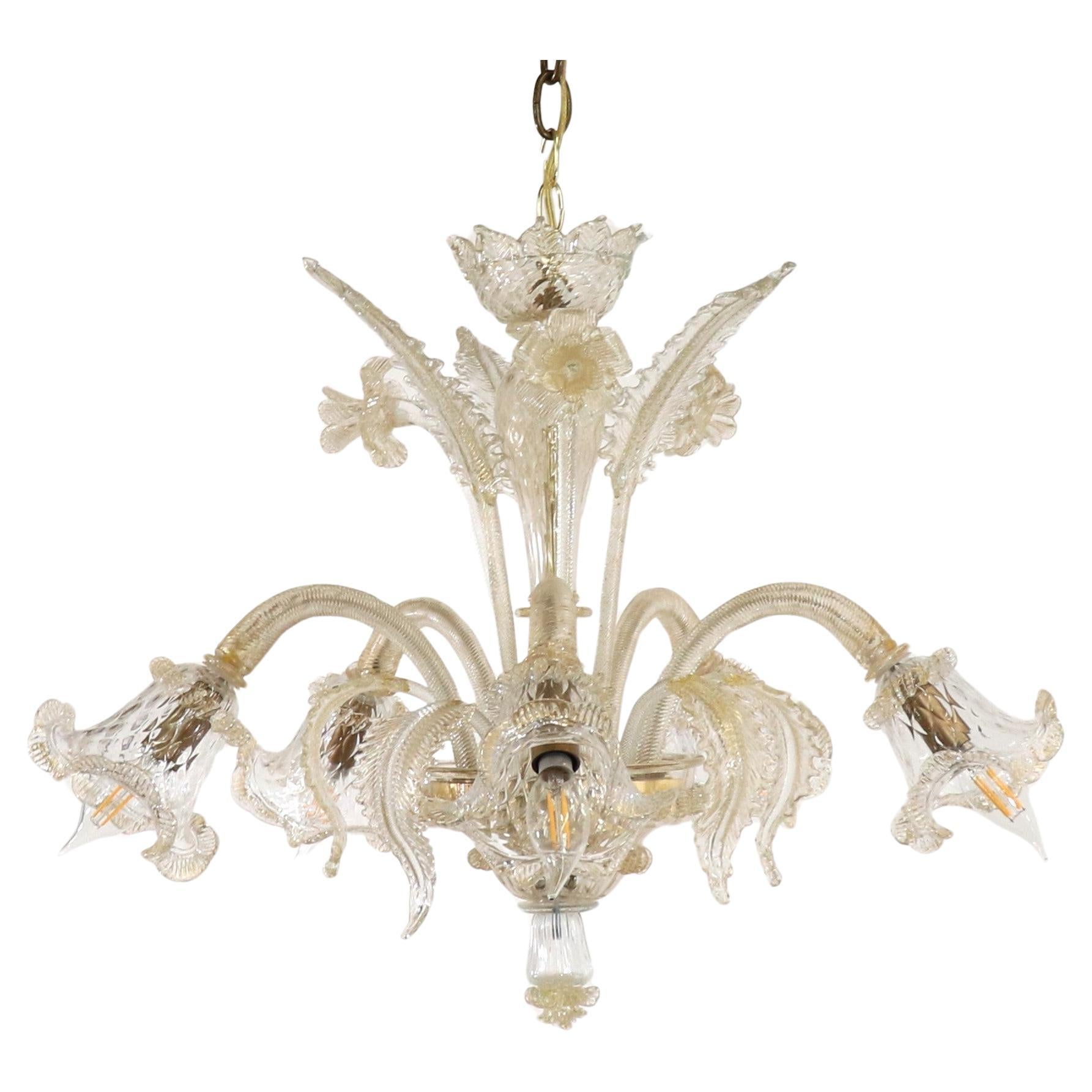  Baroque Style Floral Gold Inflused Five Arm Cristallo Murano Chandelier having  For Sale