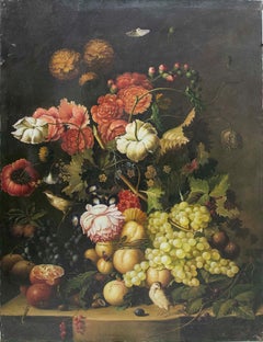 Baroque Style Floral Still Life with Fruits and Birds, Oil on Canvas