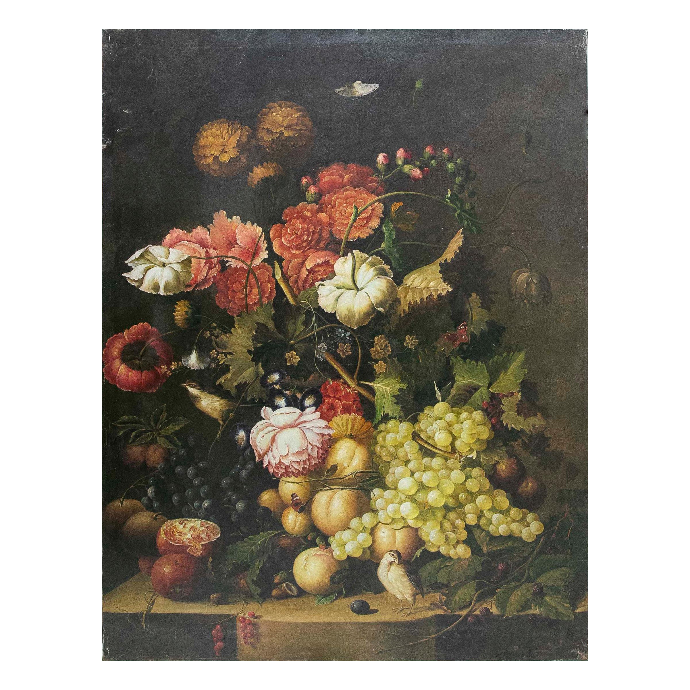 Baroque Style Floral Still Life with Fruits and Birds, Oil on Canvas For Sale