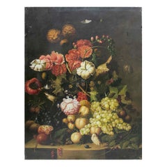 Baroque Style Floral Still Life with Fruits and Birds, Oil on Canvas