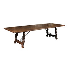 Baroque Style French Oak and Iron Dining Table with Lyre Shaped Base, circa 1920