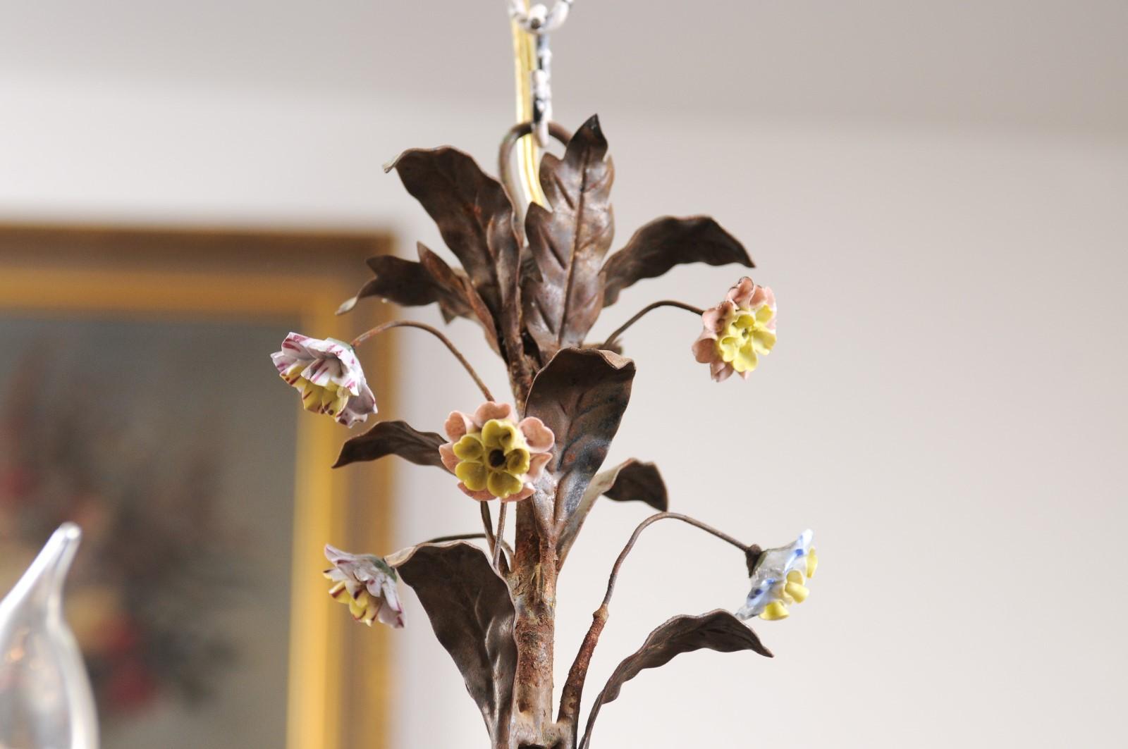 Baroque Style French Three-Light Porcelain Chandelier with Blue and Pink Flowers For Sale 5